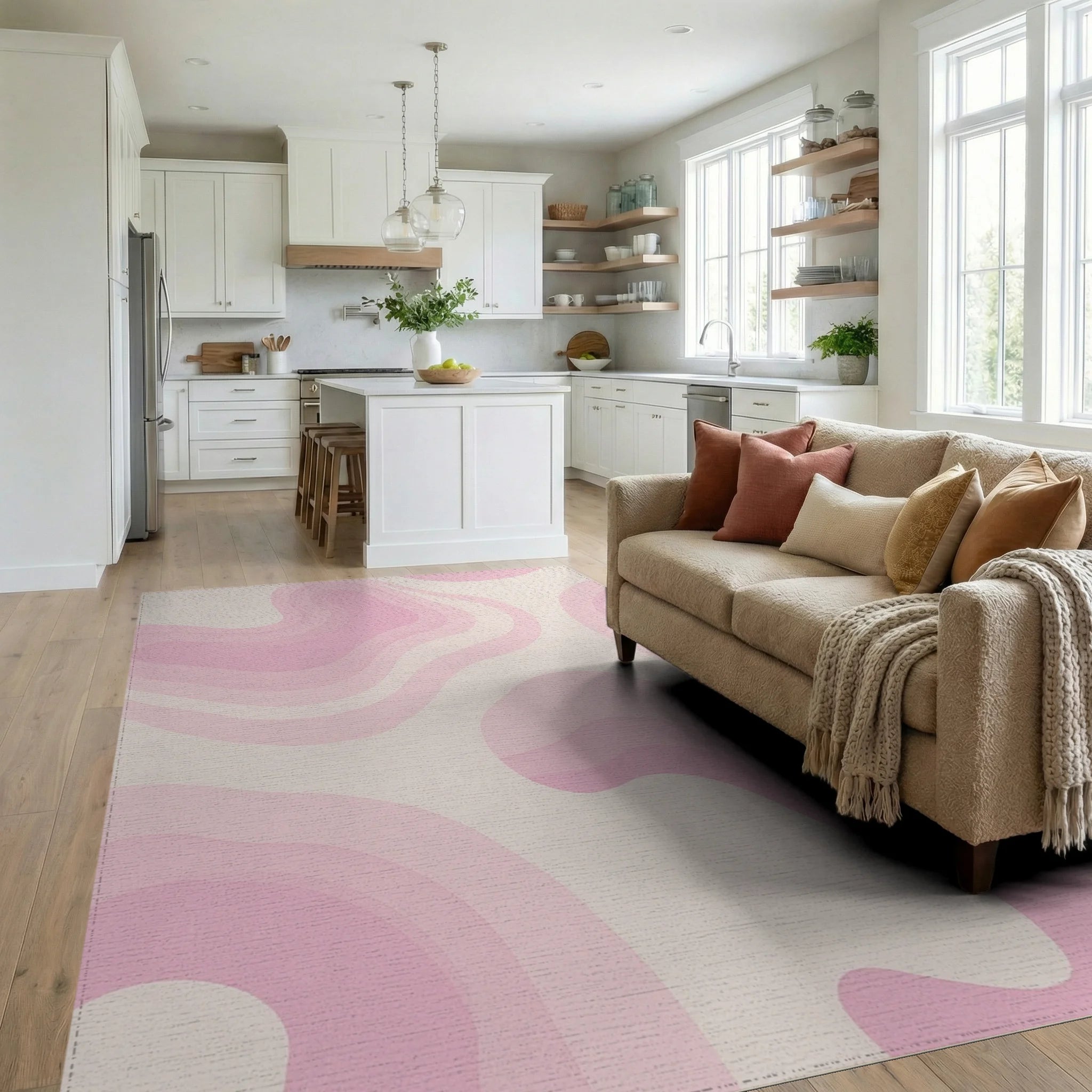 Pastel Pink Swirl Gradient Layered Rug - Living Room View