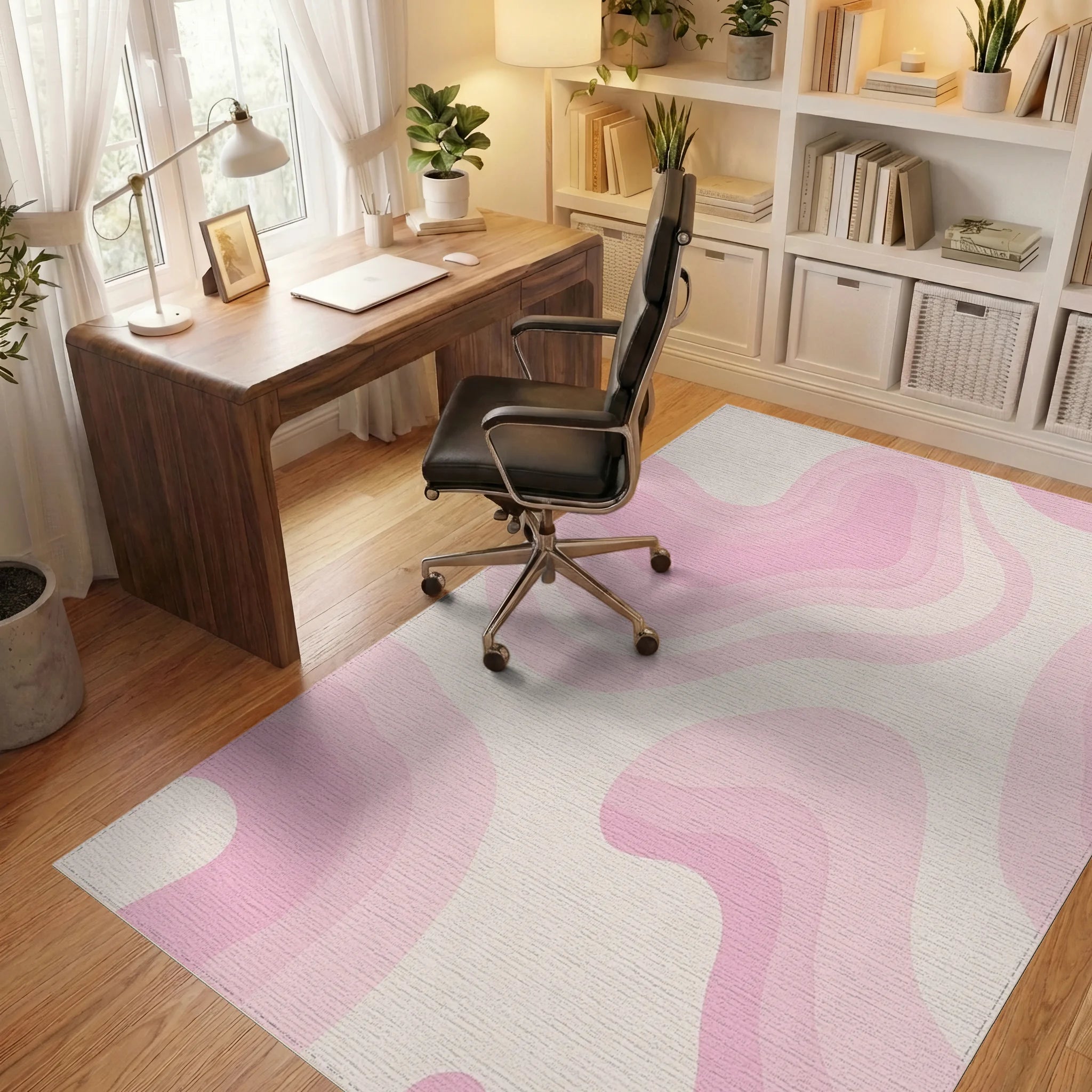 Pastel Pink Swirl Gradient Layered Rug - Office View