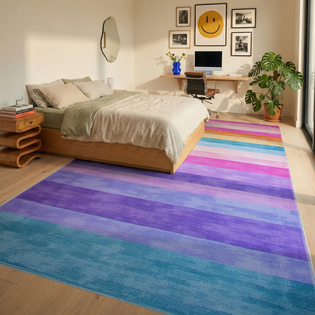 Pastel Rainbow Striped Watercolor Rug - Bedroom View