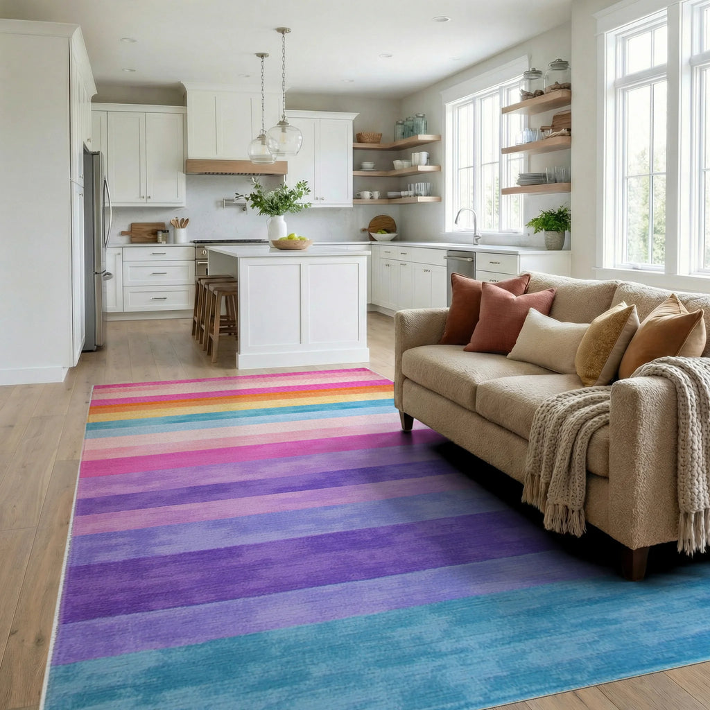 Pastel Rainbow Striped Watercolor Rug - Living Room View