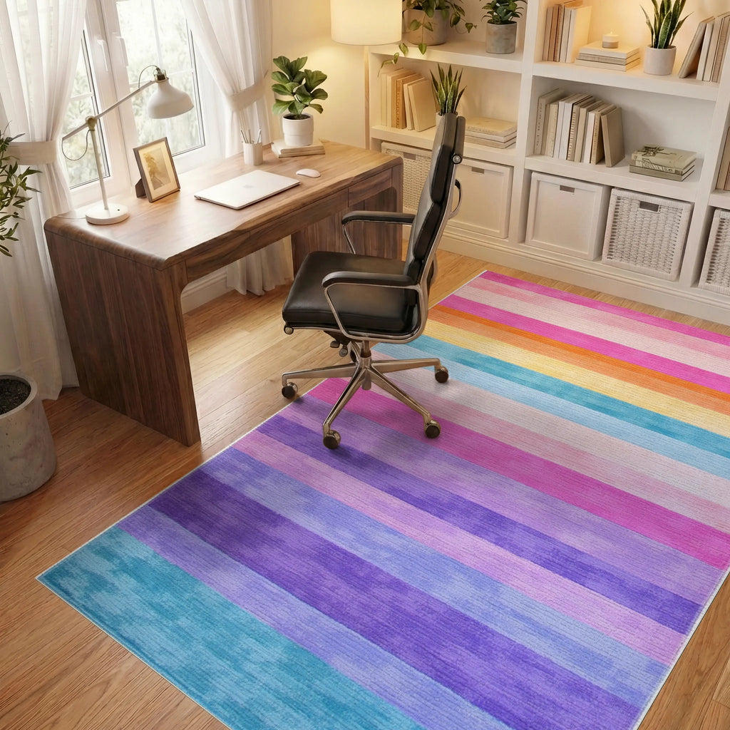 Pastel Rainbow Striped Watercolor Rug - Office View