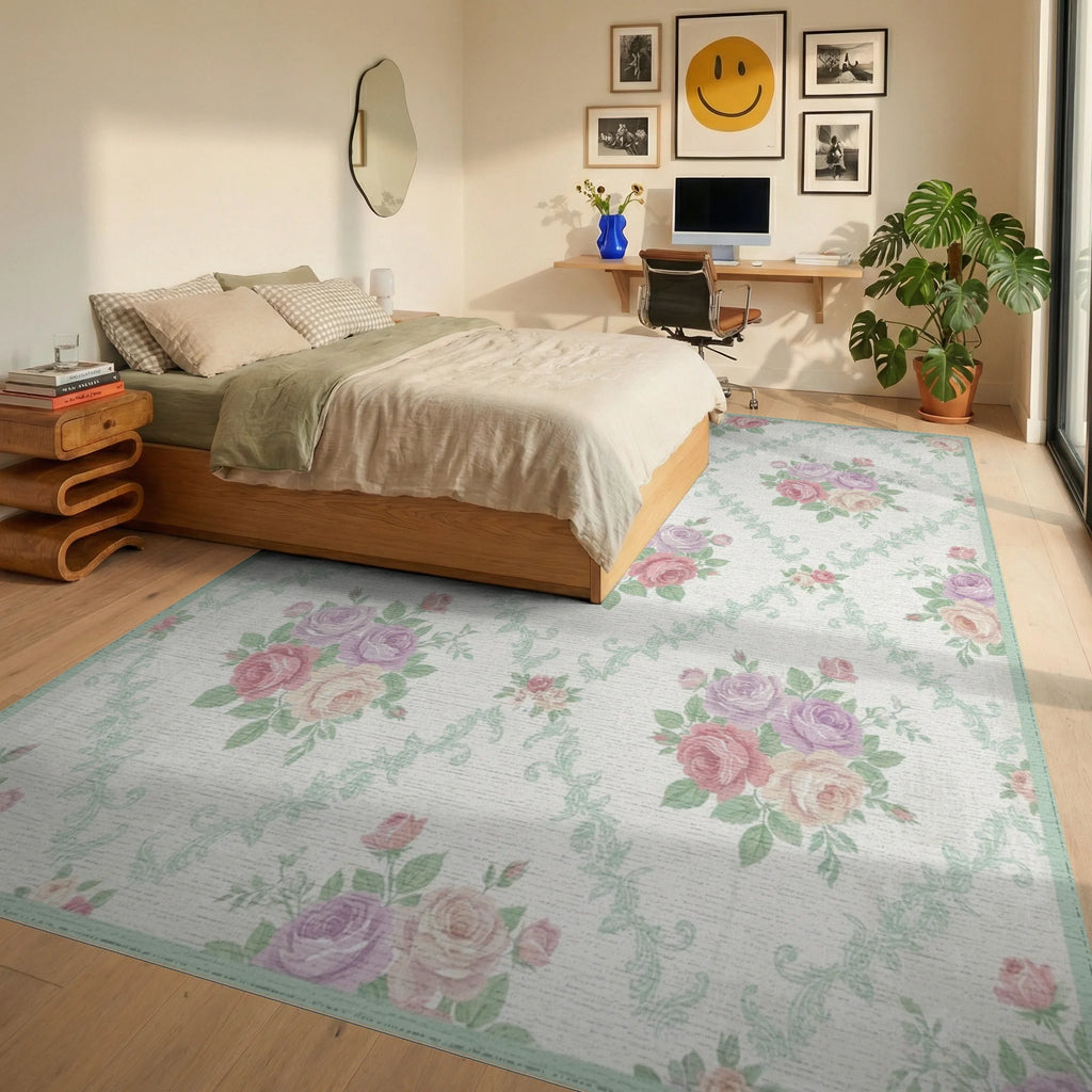 Pastel Rose Bouquet Vintage Floral Rug Bedroom View