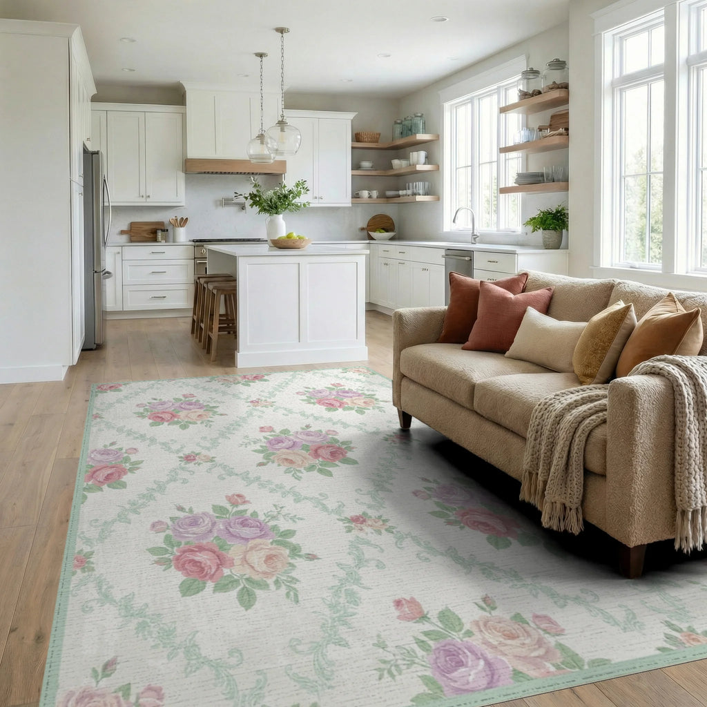 Pastel Rose Bouquet Vintage Floral Rug Living Room View