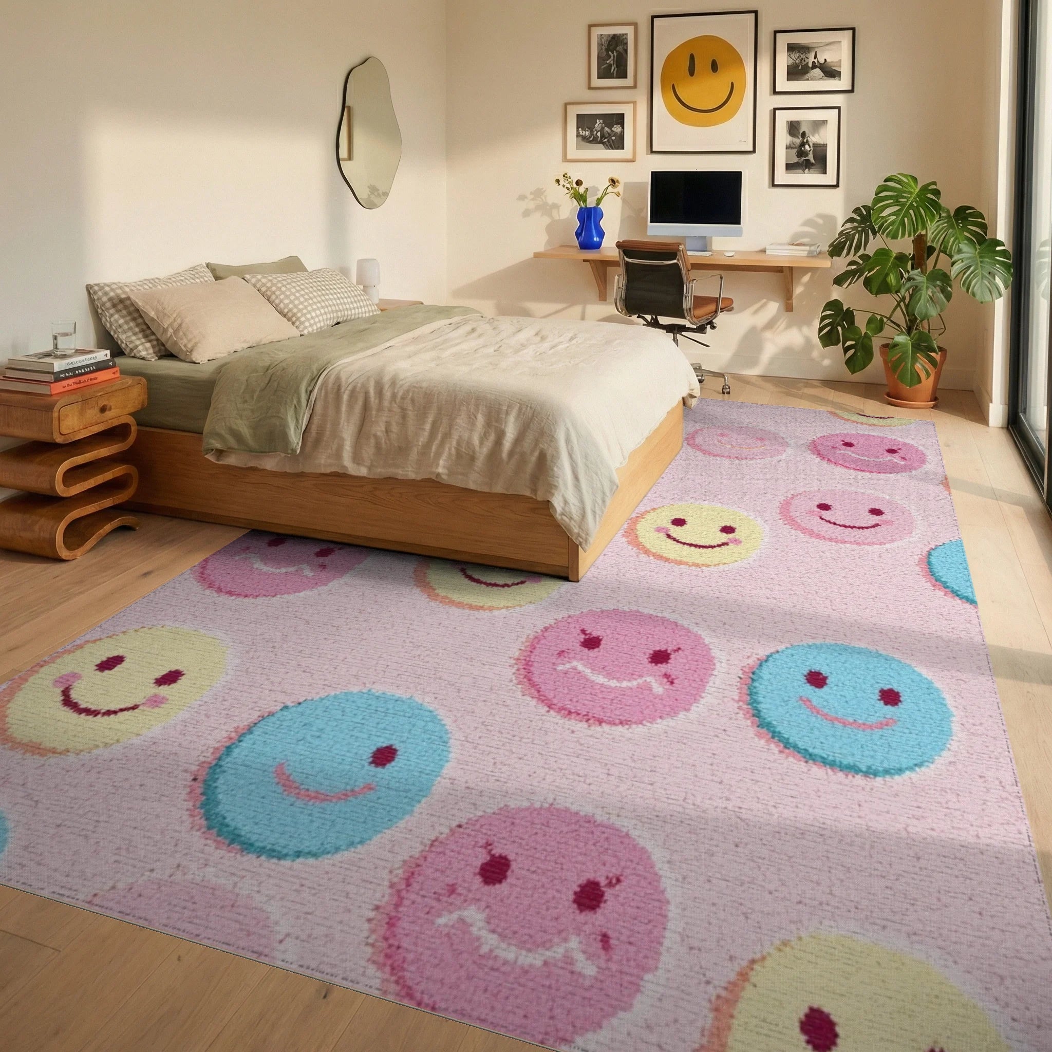 Pastel Smiley Faces All Over Rug - Bedroom View
