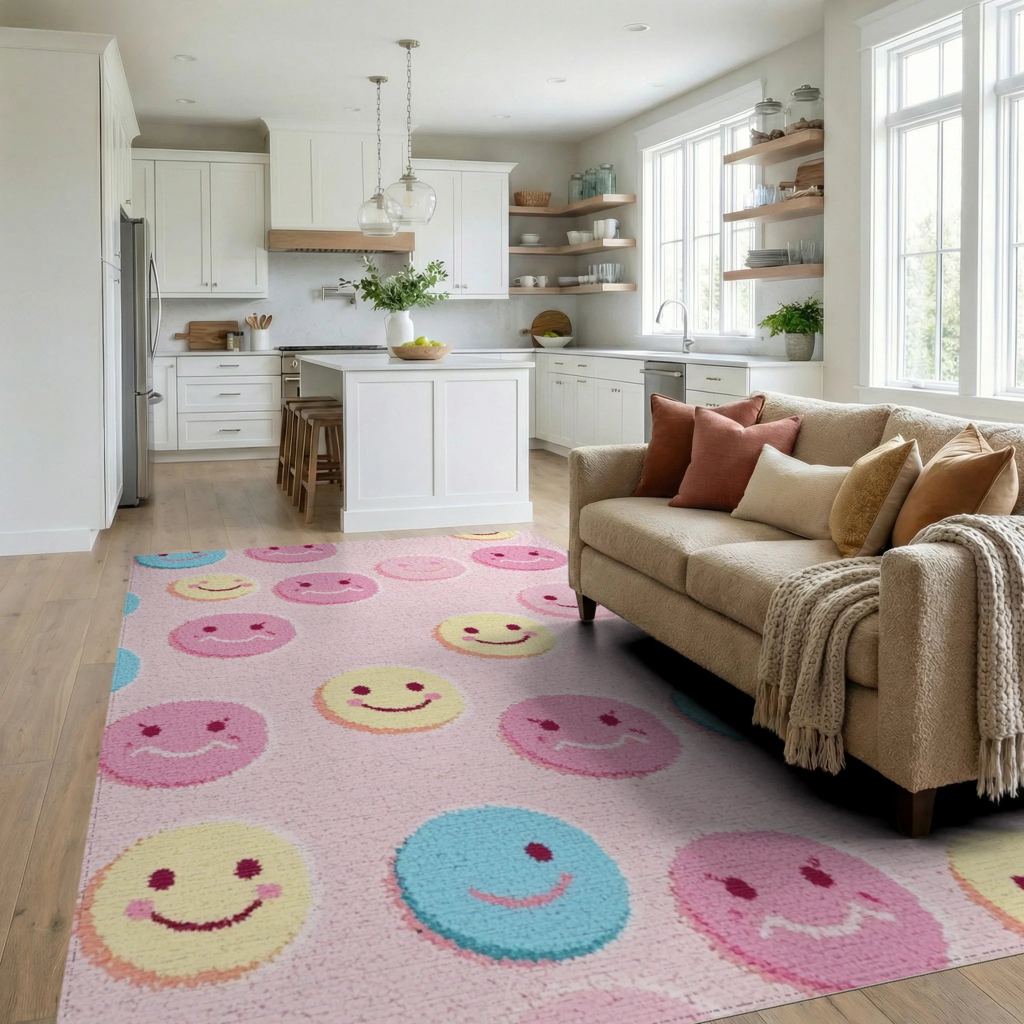 Pastel Smiley Faces All Over Rug - Living Room View
