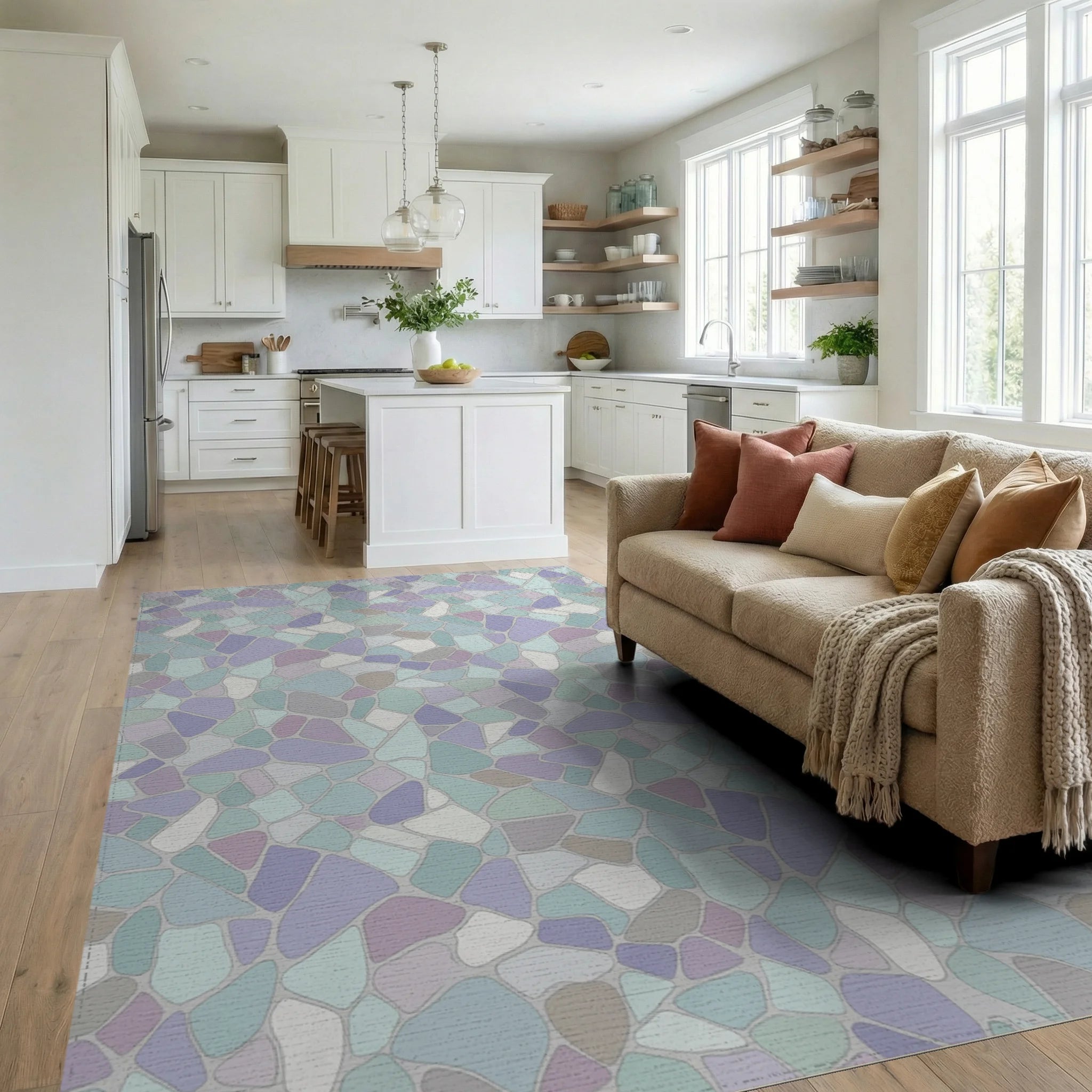 Pastel Stone Mosaic Texture Rug Living Room View