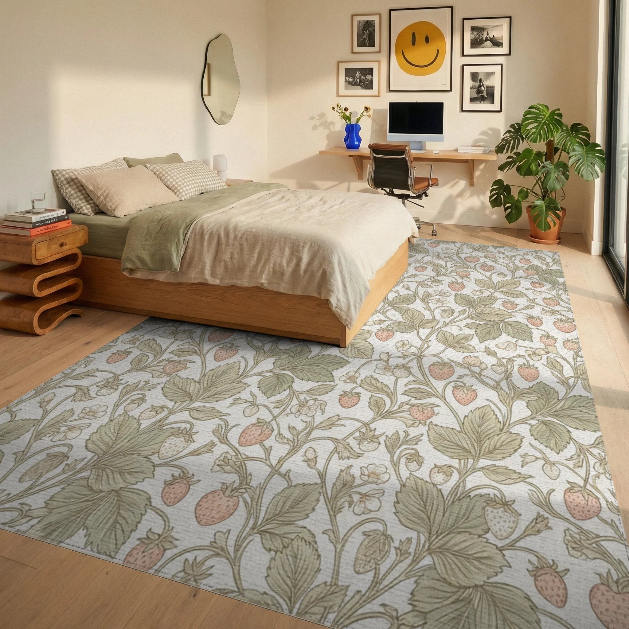 Pastel Strawberry Vine Garden Rug Bedroom View
