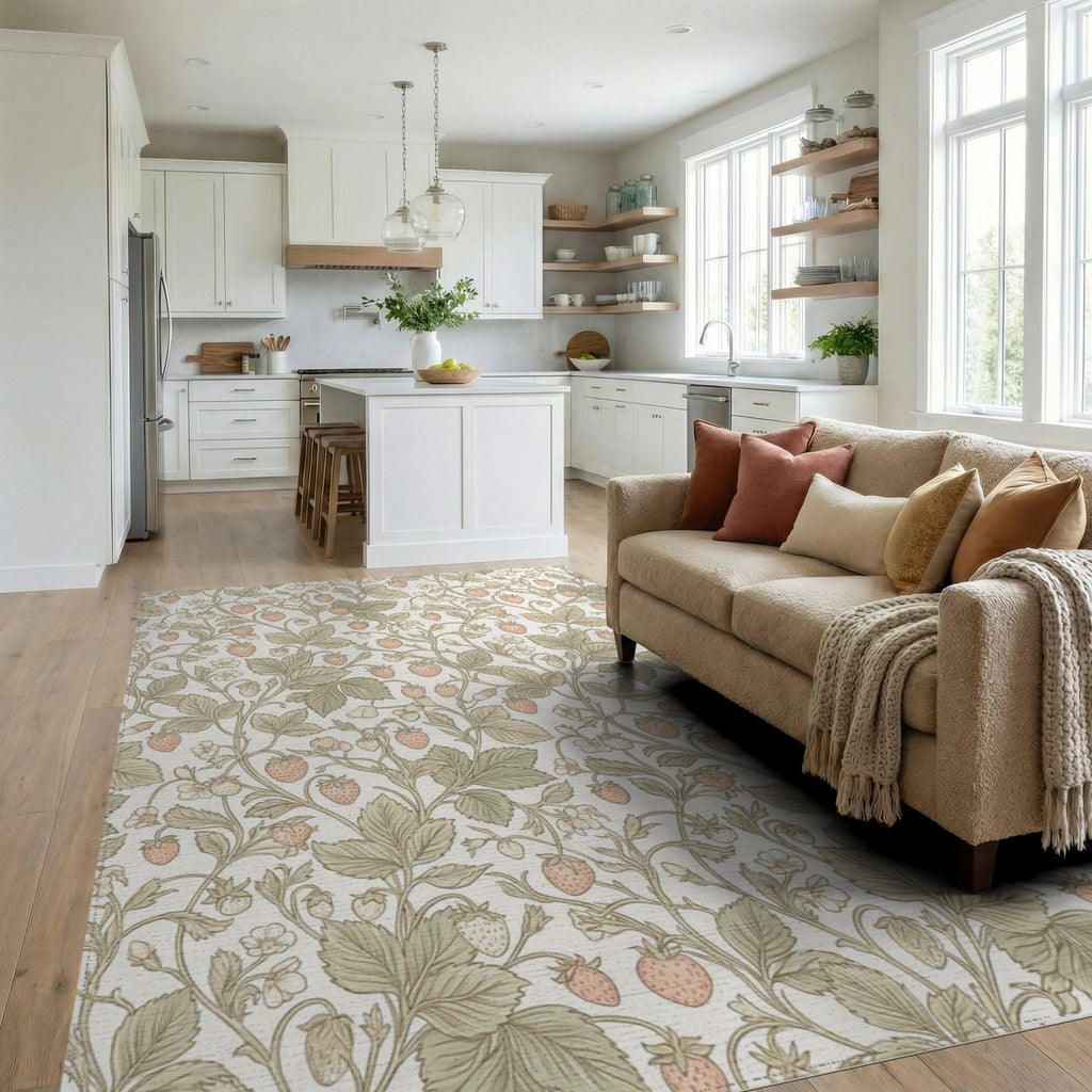 Pastel Strawberry Vine Garden Rug Living Room View
