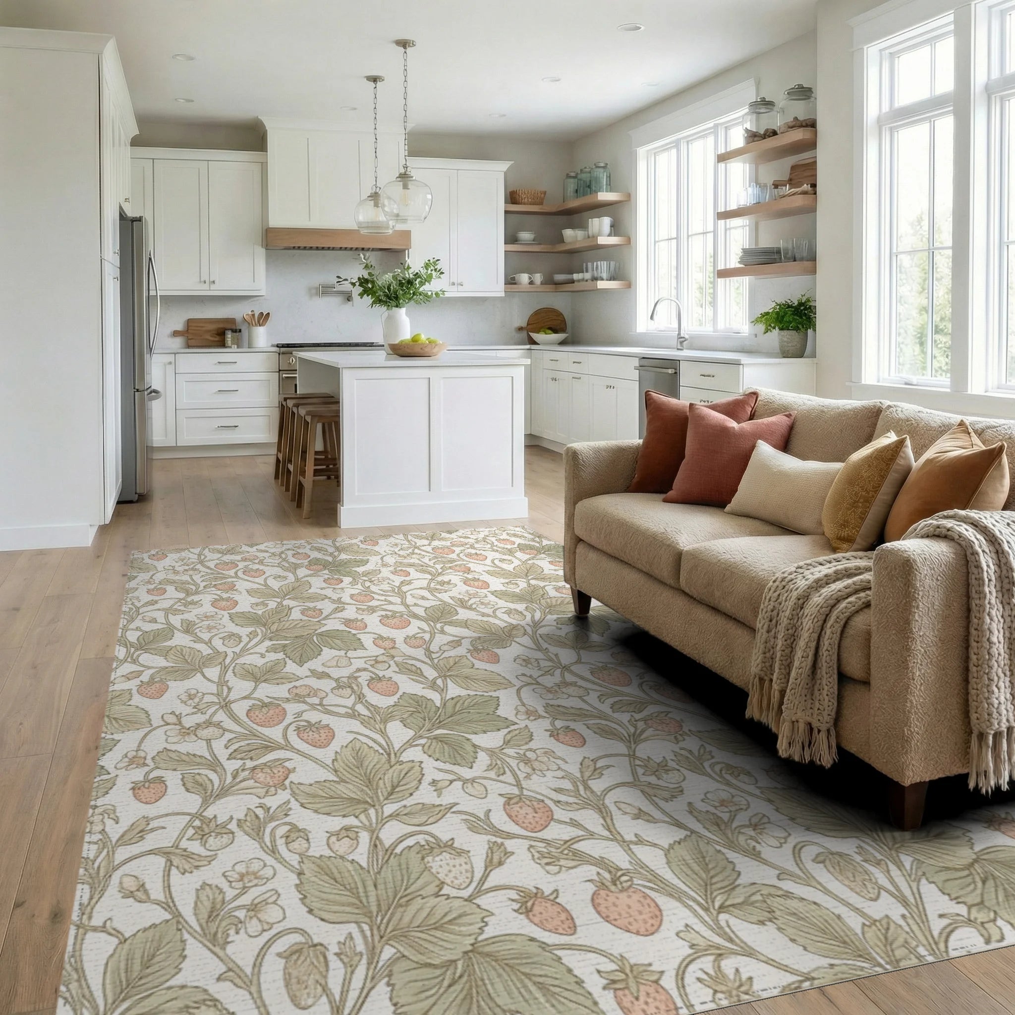 Pastel Strawberry Vine Garden Rug Living Room View