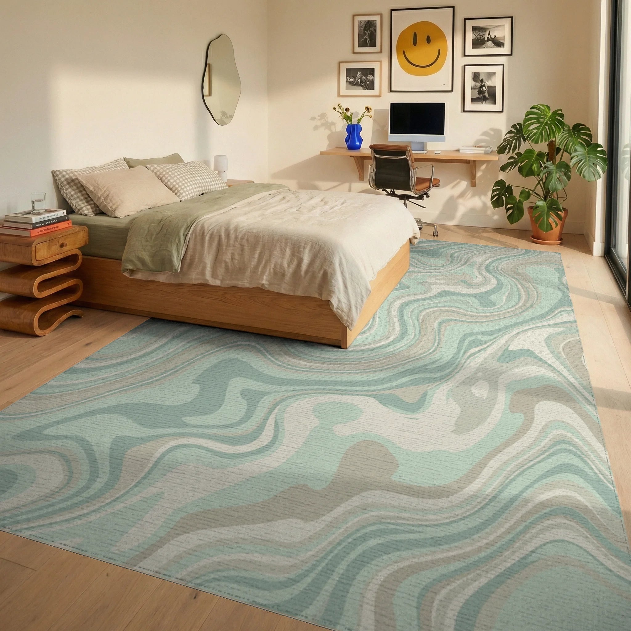 Pastel Swirl Marbled Abstract Rug Bedroom View