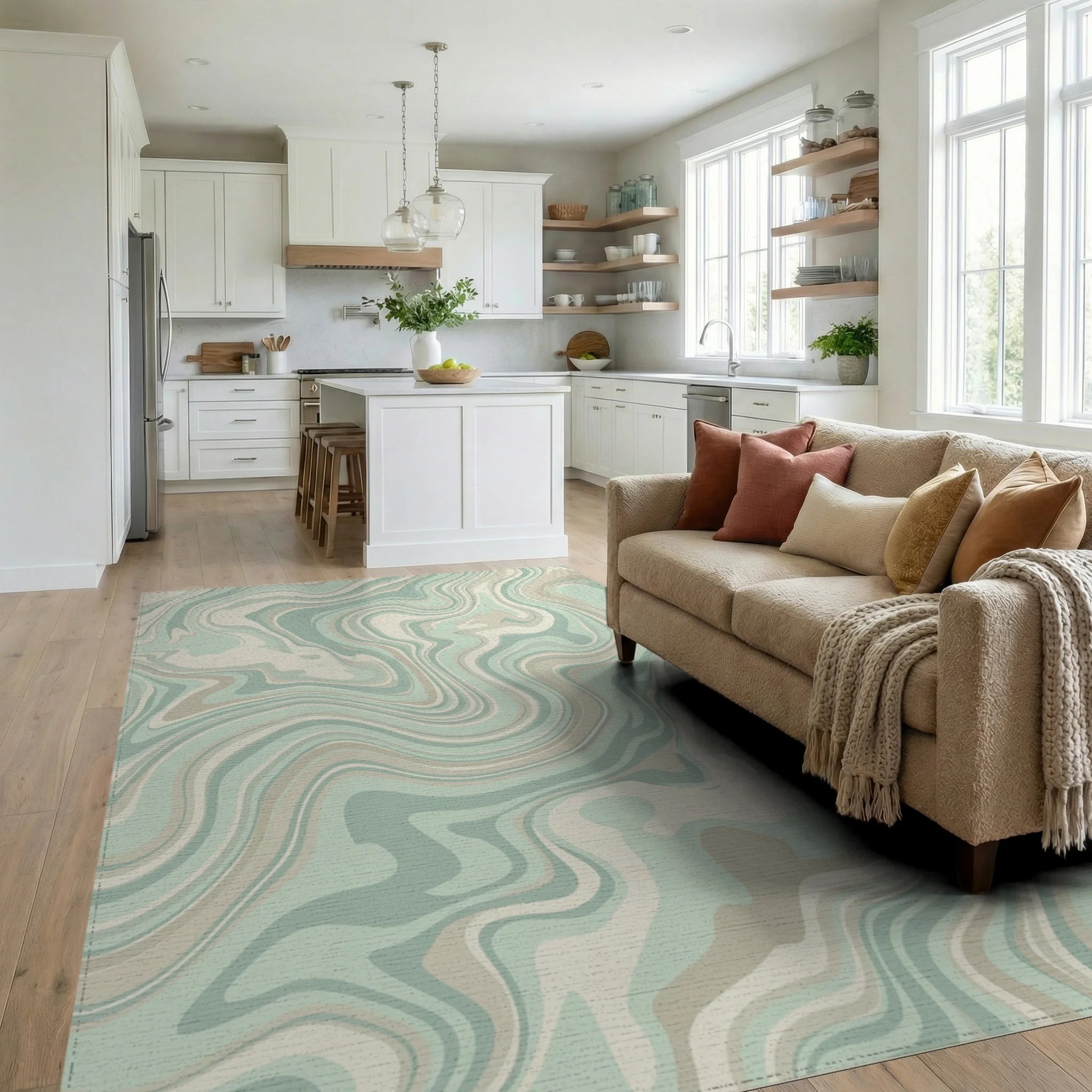 Pastel Swirl Marbled Abstract Rug Living Room View