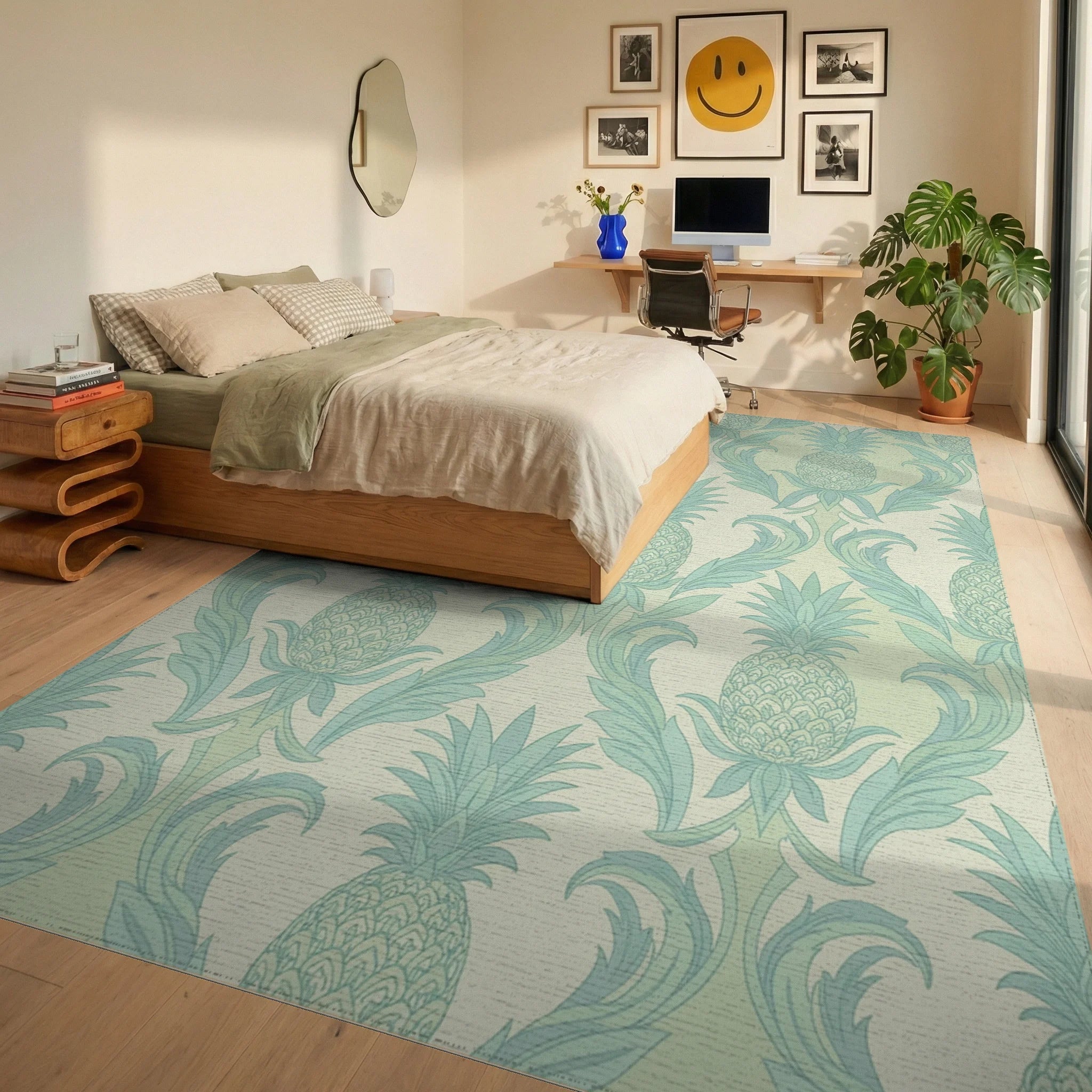 Pastel Teal Pineapple Damask Rug Bedroom View