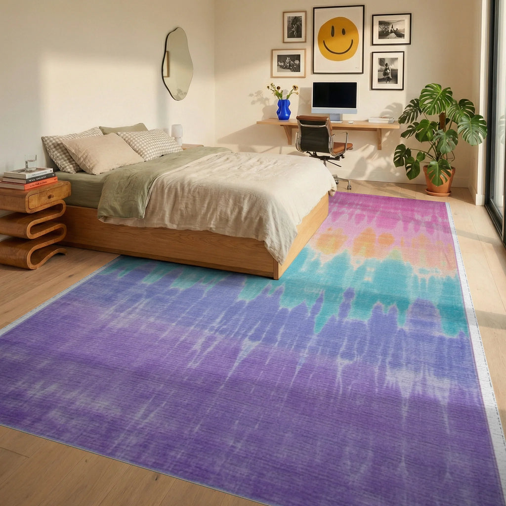 Pastel Tie Dye Abstract Stripe Rug - Bedroom View