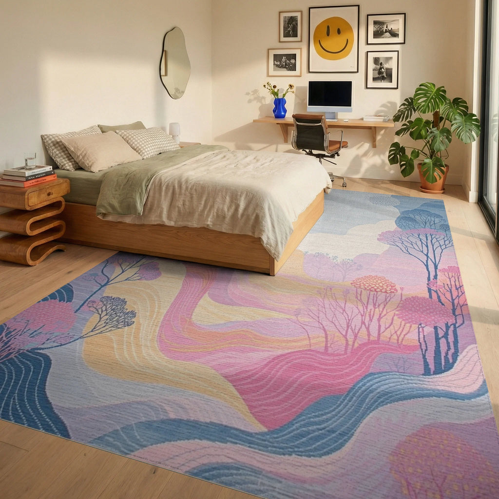Pastel Valley Mountain Landscape Rug Bedroom View