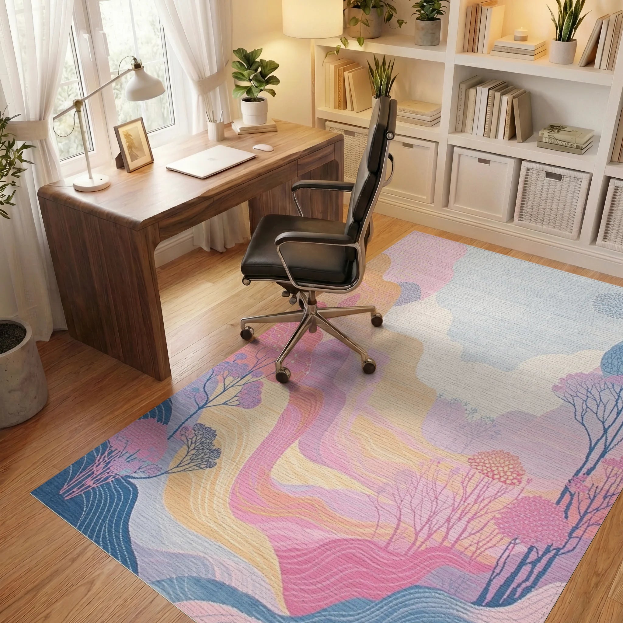 Pastel Valley Mountain Landscape Rug Office View