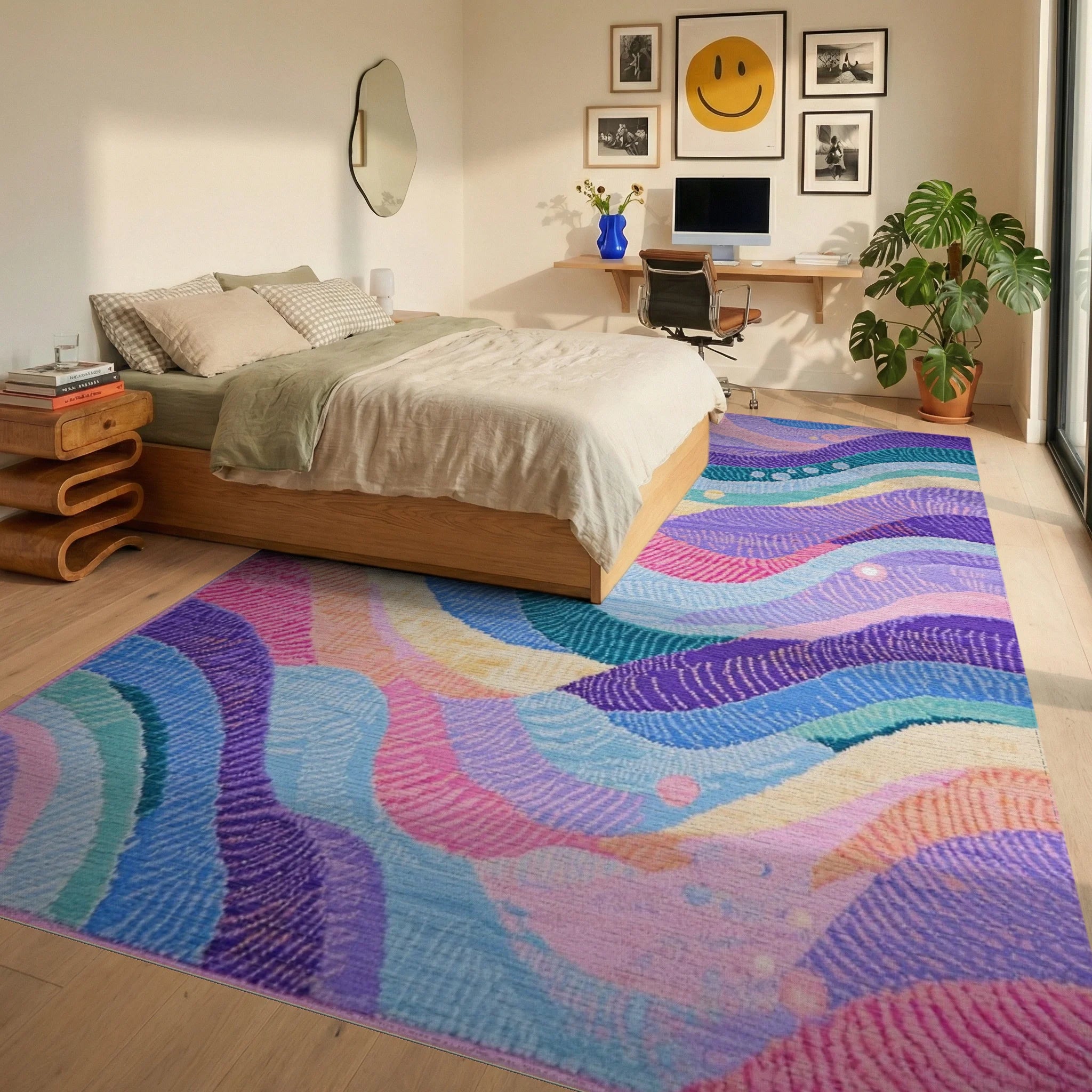 Pastel Wavy Stripe Landscape Rug - Bedroom View