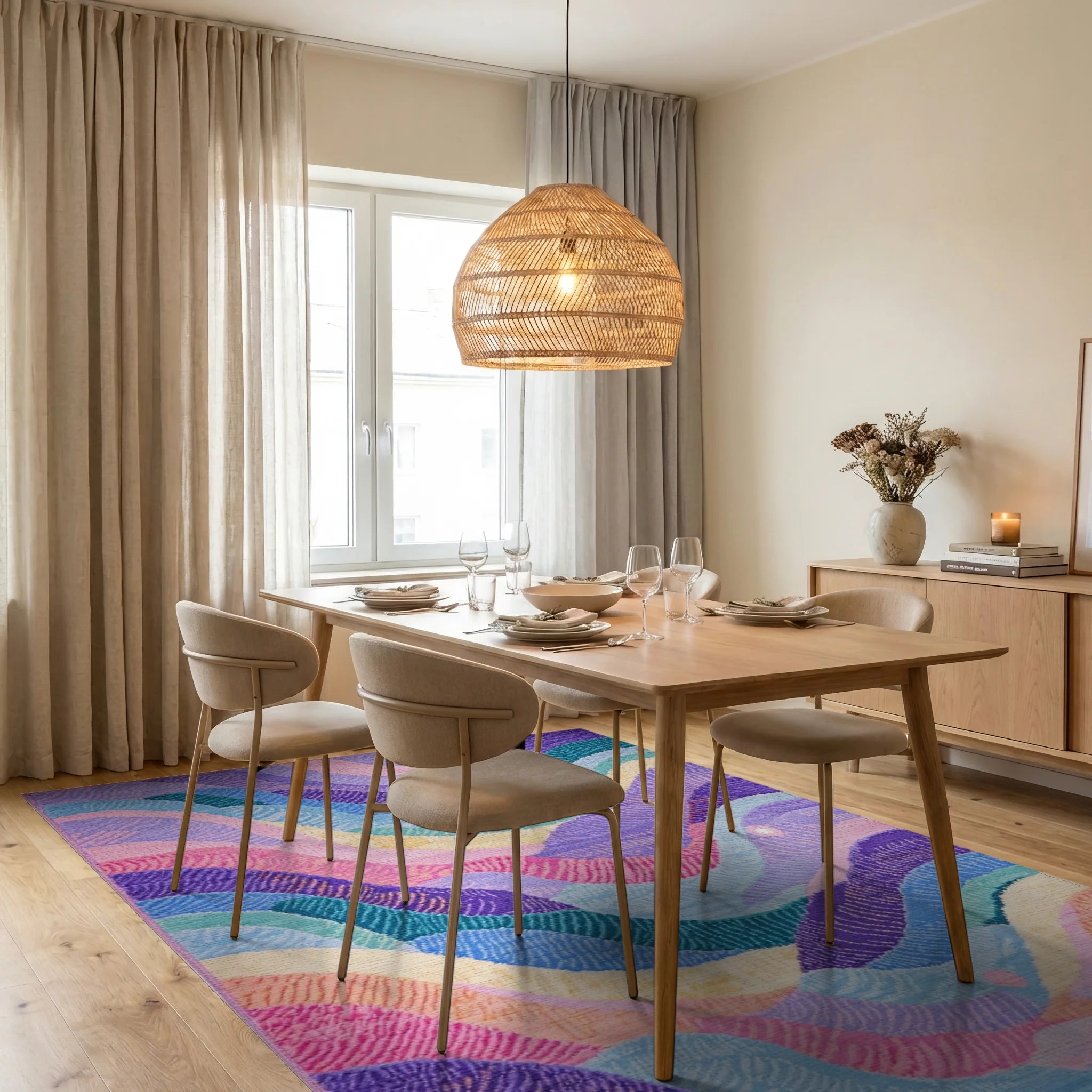 Pastel Wavy Stripe Landscape Rug - Dining Room View