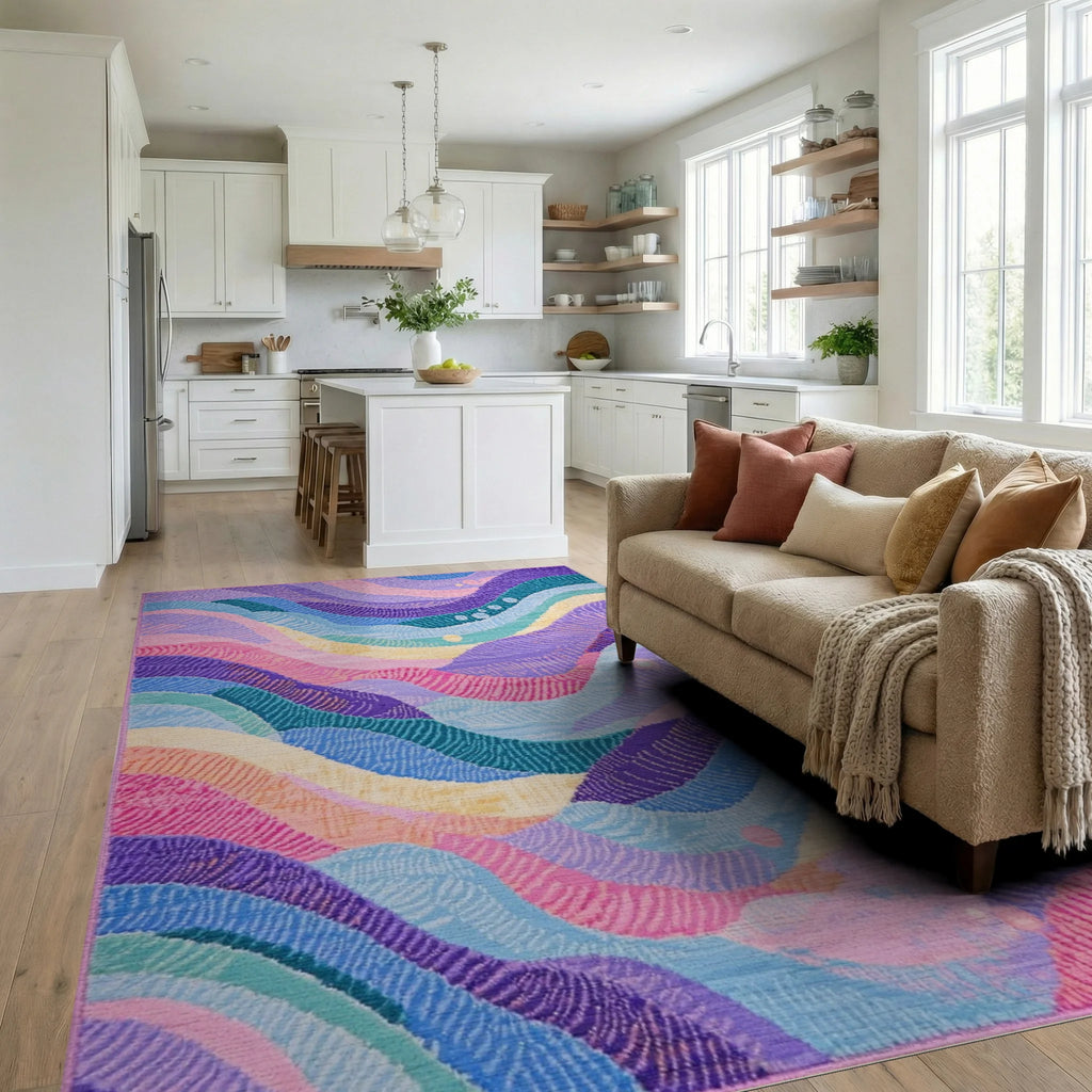 Pastel Wavy Stripe Landscape Rug - Living Room View