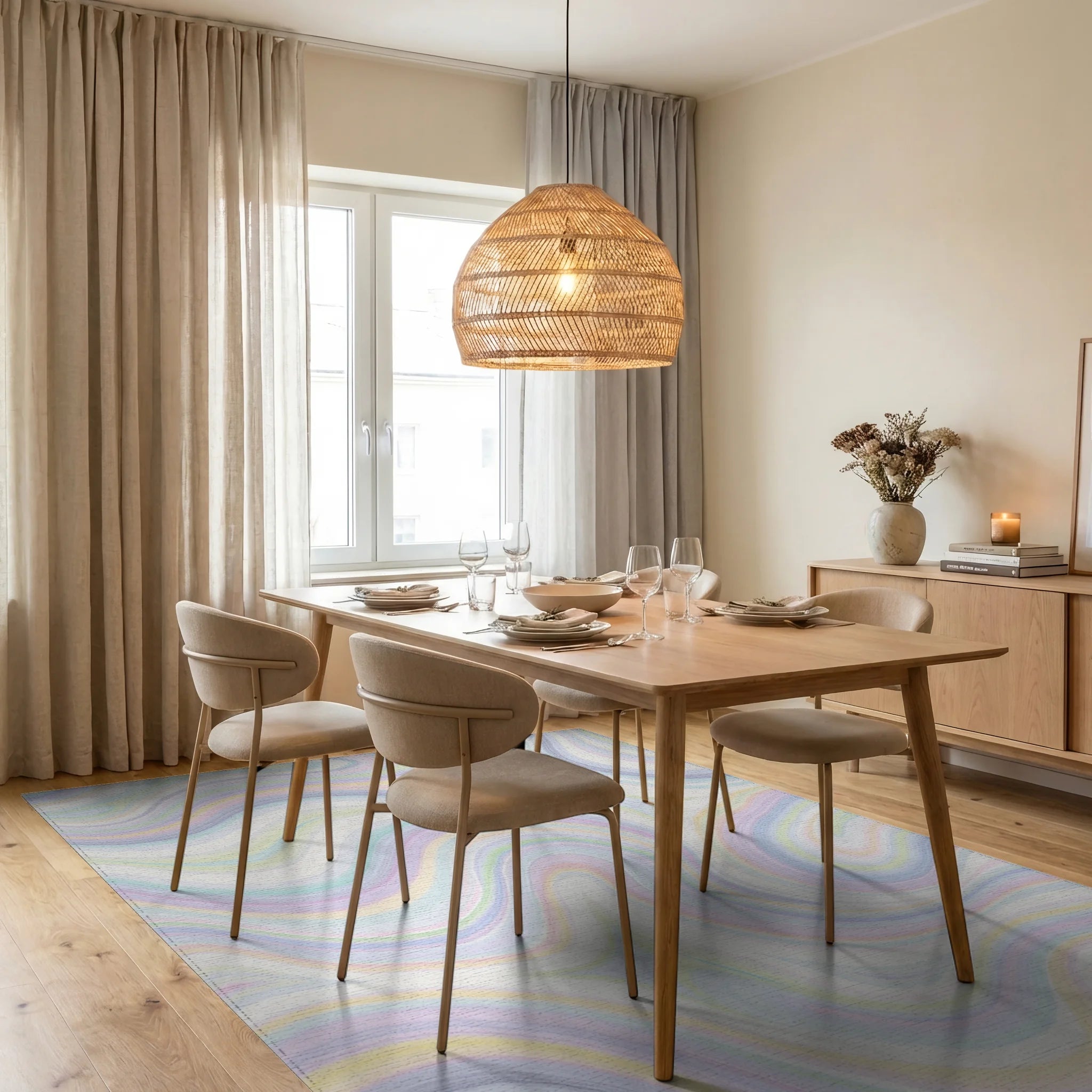 Pastel Wavy Swirl Rug Dining Room View