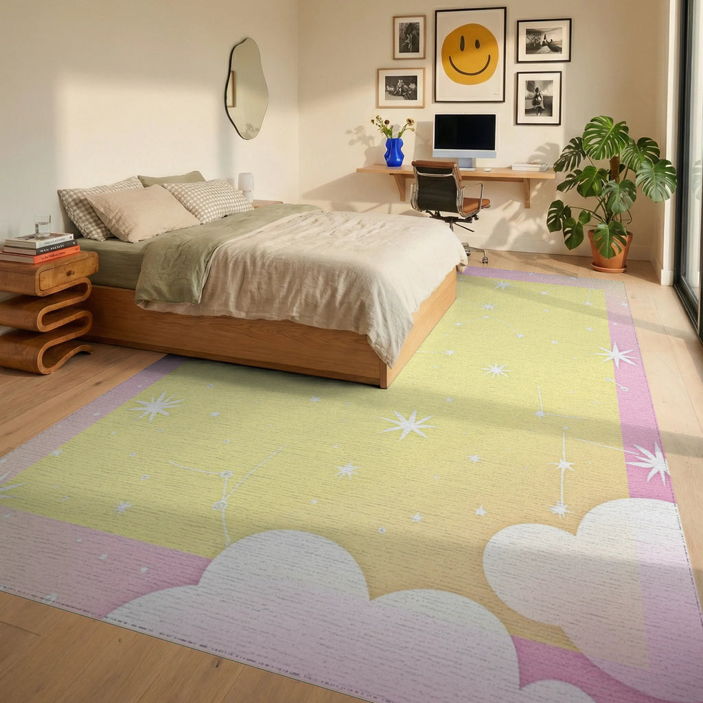 Pastel Yellow Celestial Starry Sky Rug Bedroom View