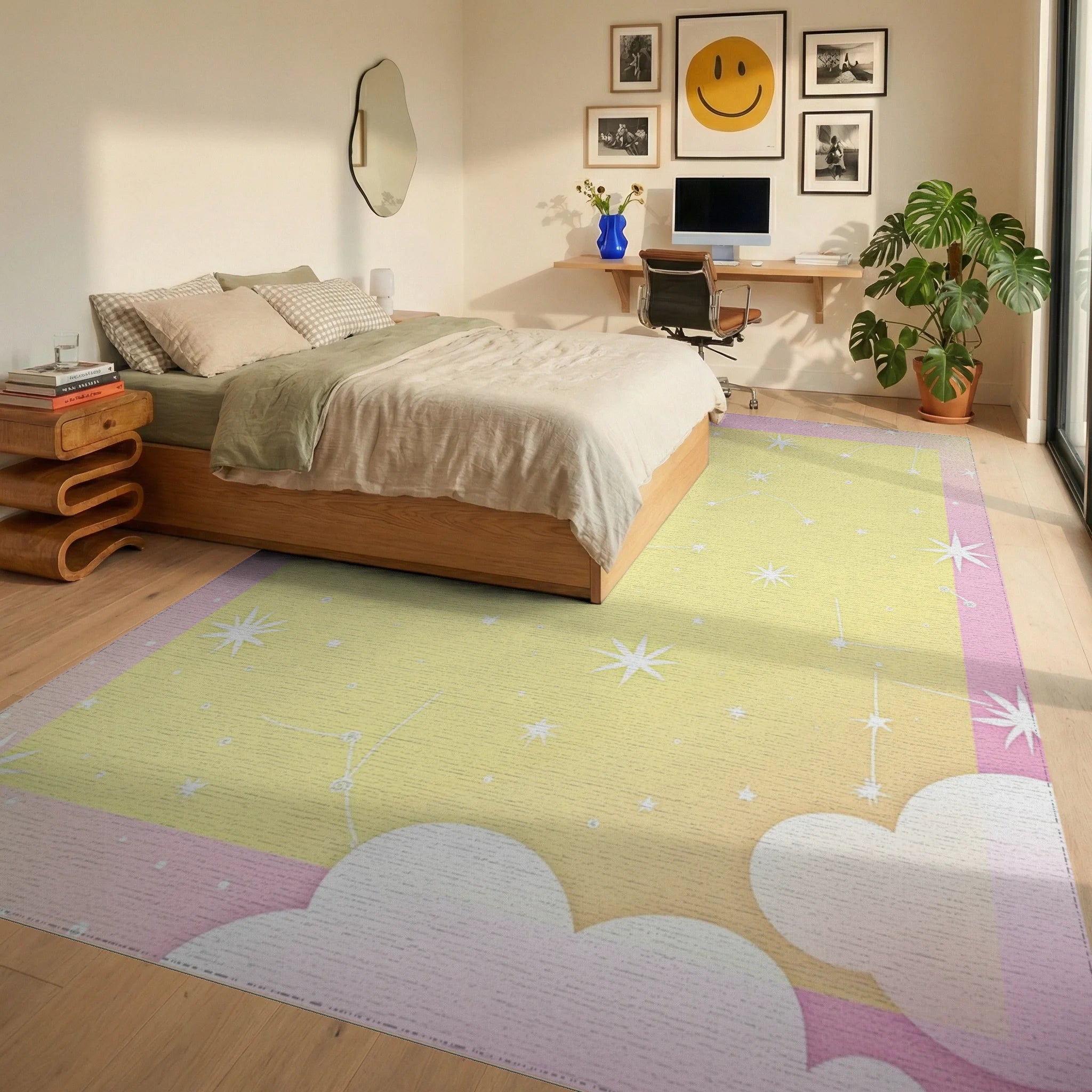 Pastel Yellow Celestial Starry Sky Rug Bedroom View