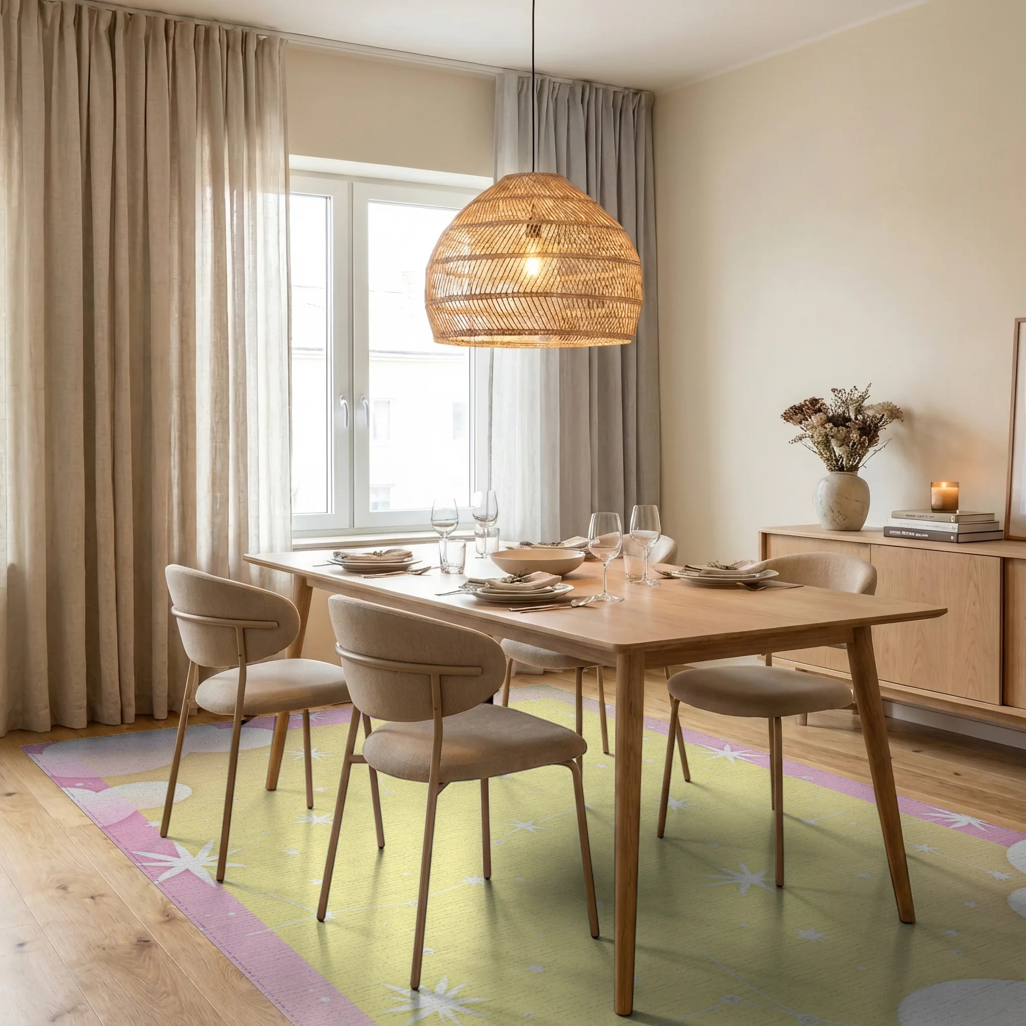 Pastel Yellow Celestial Starry Sky Rug Dining Room View