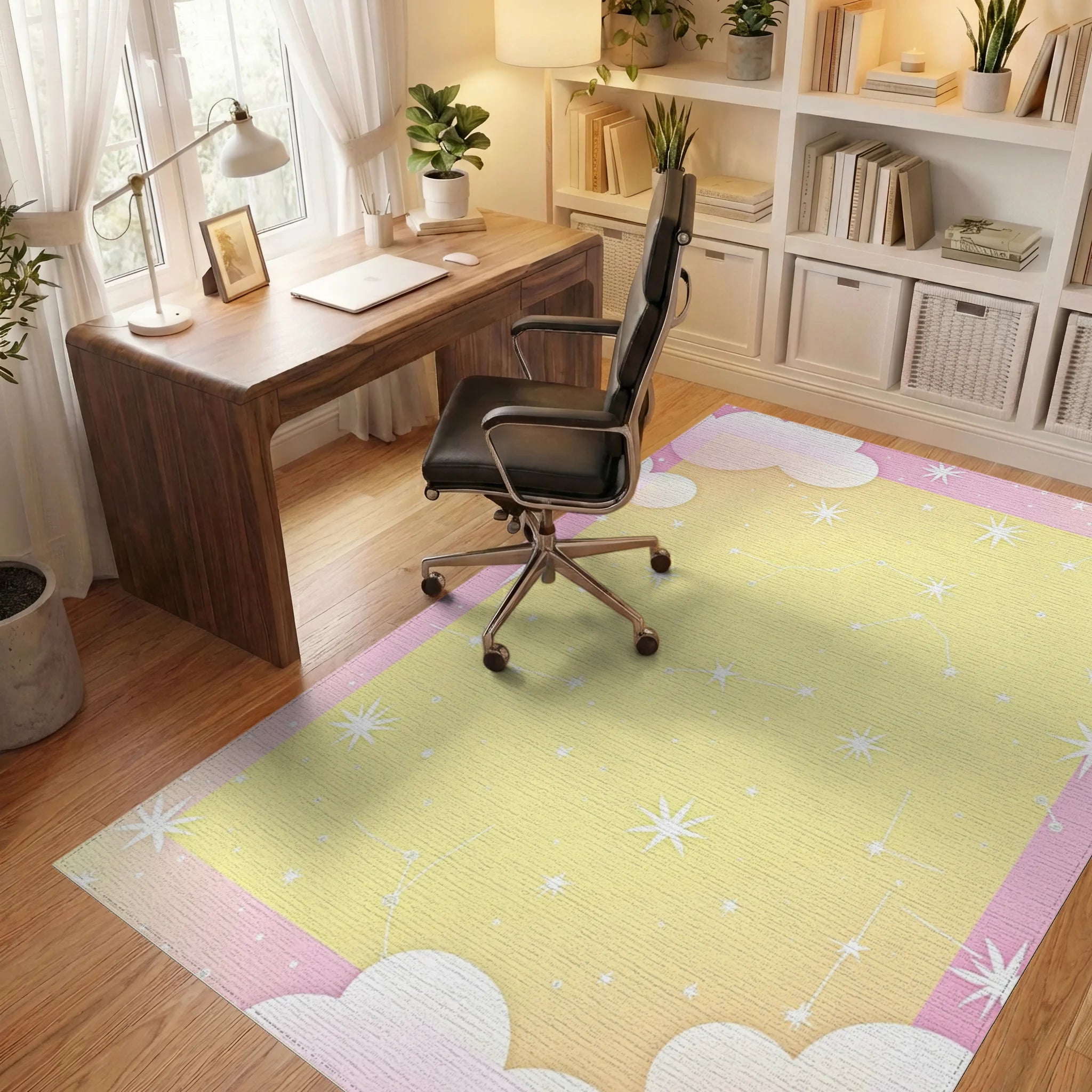 Pastel Yellow Celestial Starry Sky Rug Office View