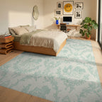 Pastoral Blue Scenic Village Motif Rug Bedroom View