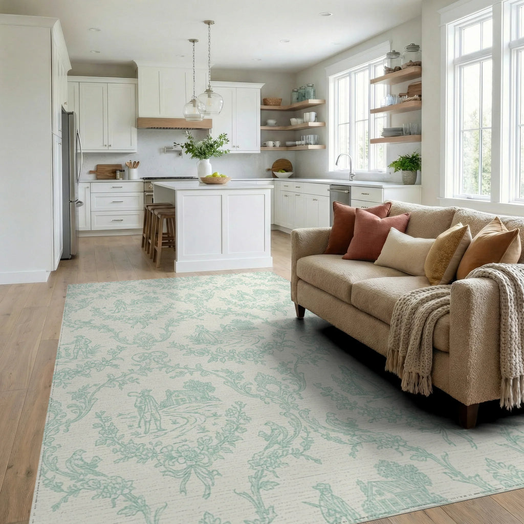 Pastoral Blue Scenic Village Motif Rug Living Room View
