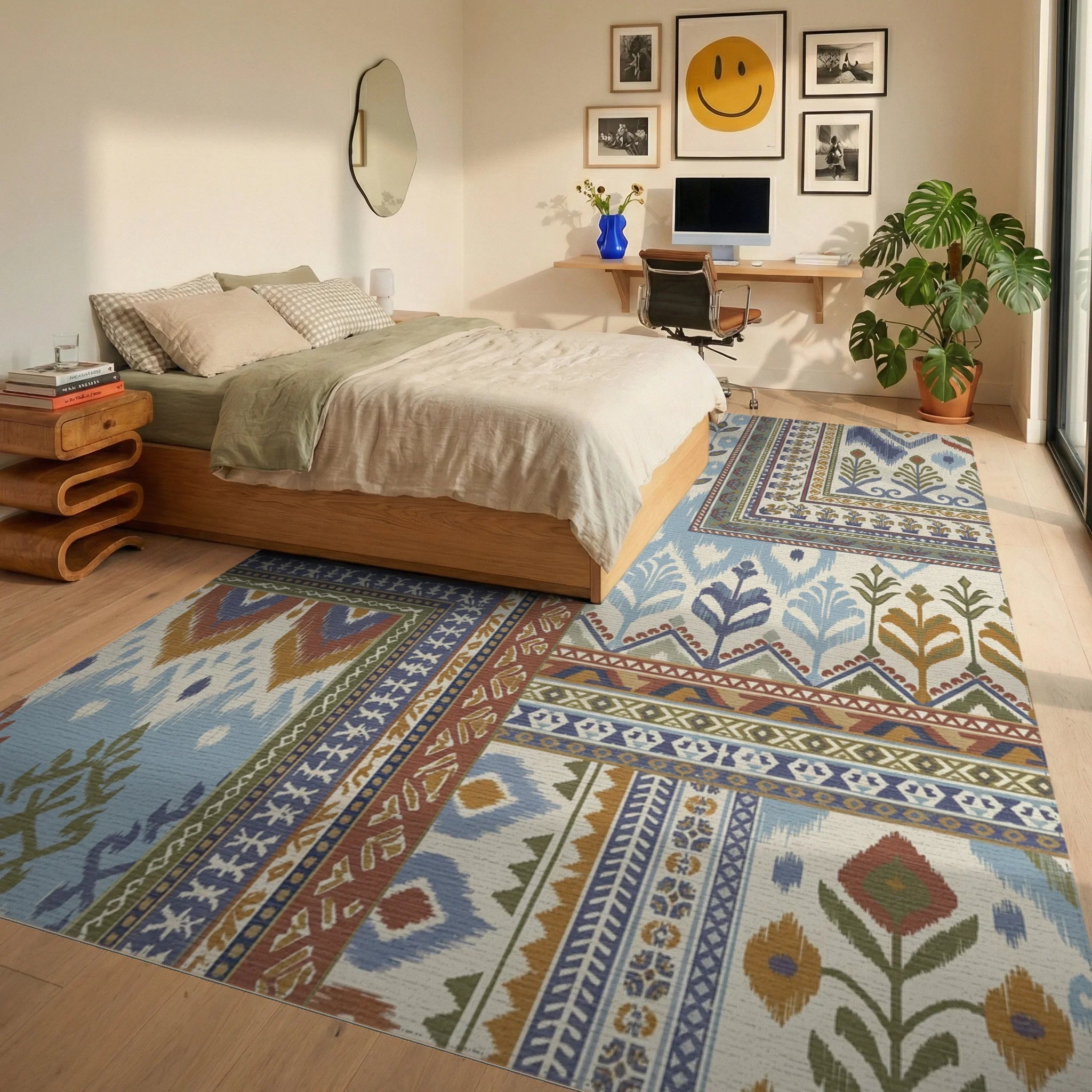Patchwork Blue and Ochre Ikat Floral Rug Bedroom View