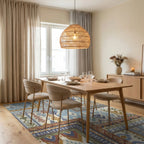 Patchwork Blue and Ochre Ikat Floral Rug Dining Room View