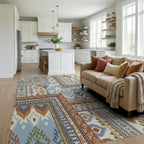 Patchwork Blue and Ochre Ikat Floral Rug Living Room View