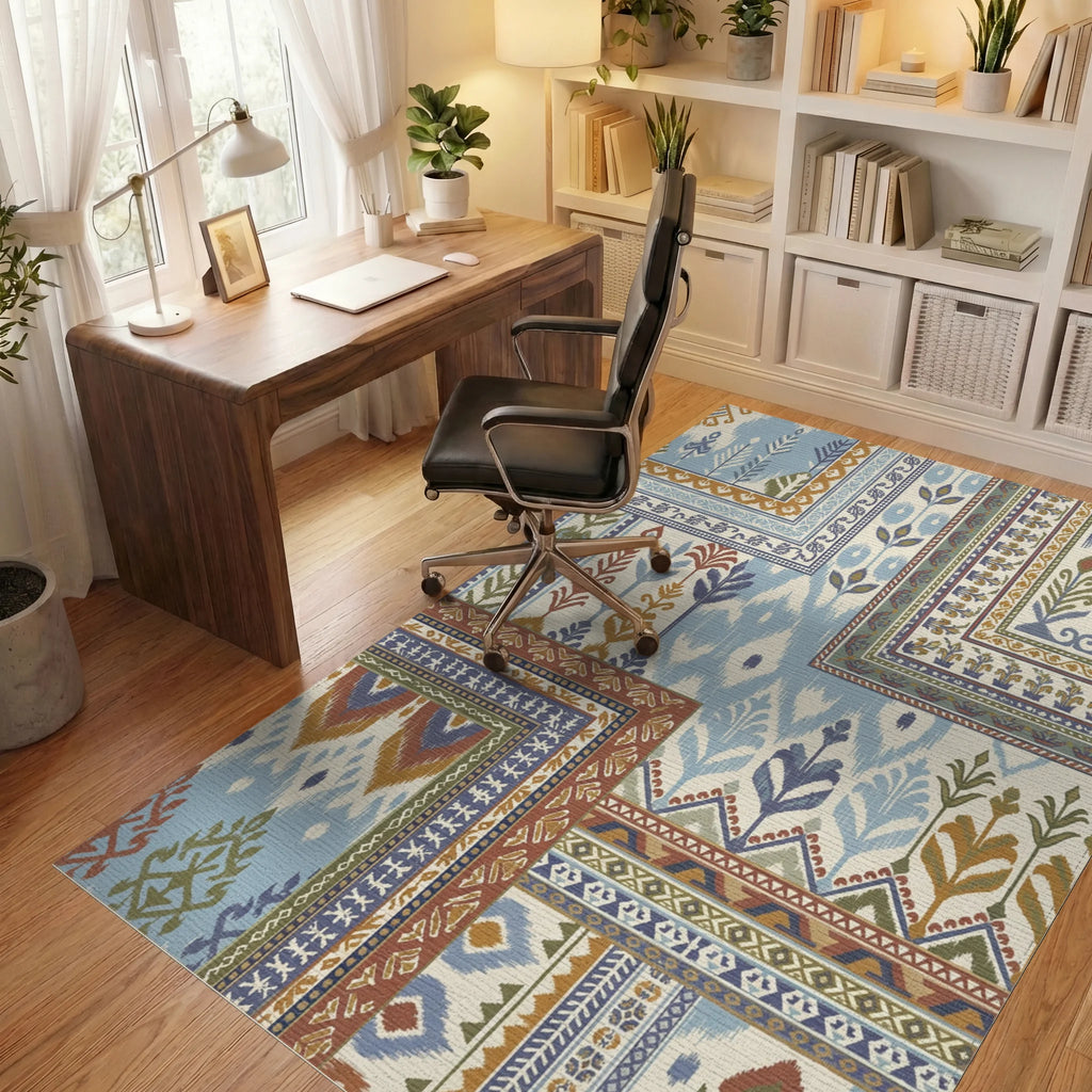Patchwork Blue and Ochre Ikat Floral Rug Office View