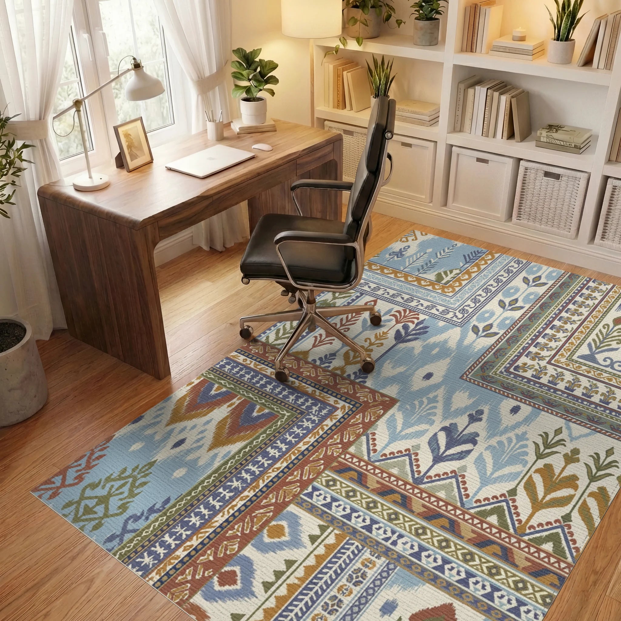 Patchwork Blue and Ochre Ikat Floral Rug Office View