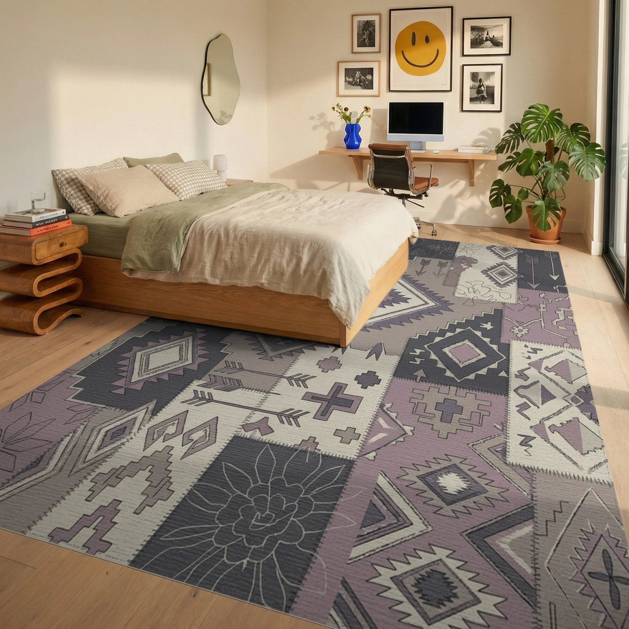 Patchwork Boho Diamond Arrows Crosses Rug Bedroom View