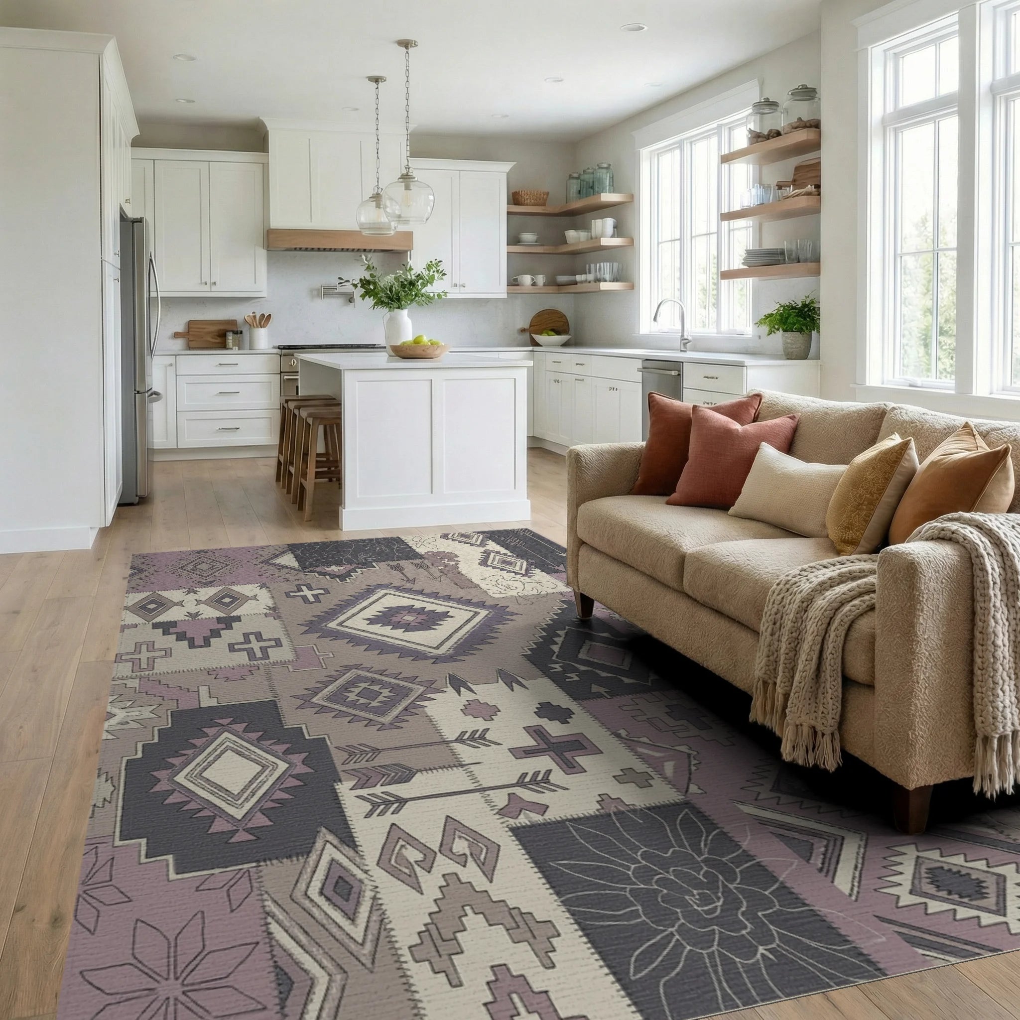 Patchwork Boho Diamond Arrows Crosses Rug Living Room View