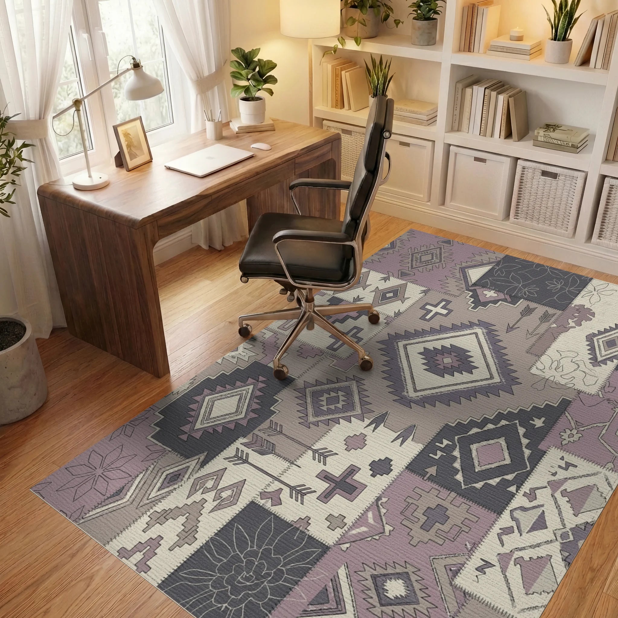 Patchwork Boho Diamond Arrows Crosses Rug Office View