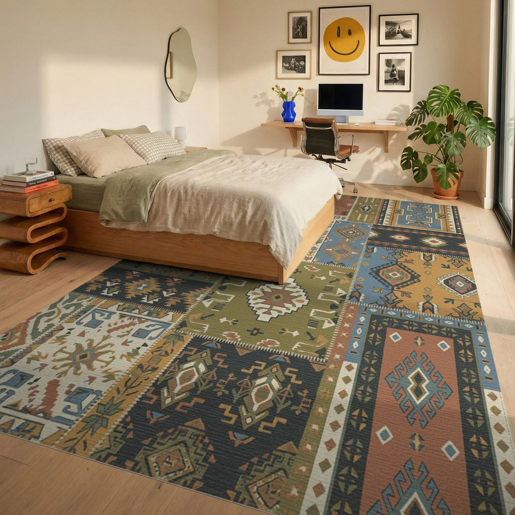 Patchwork Earth Tones Geometric Medallion Rug Bedroom View