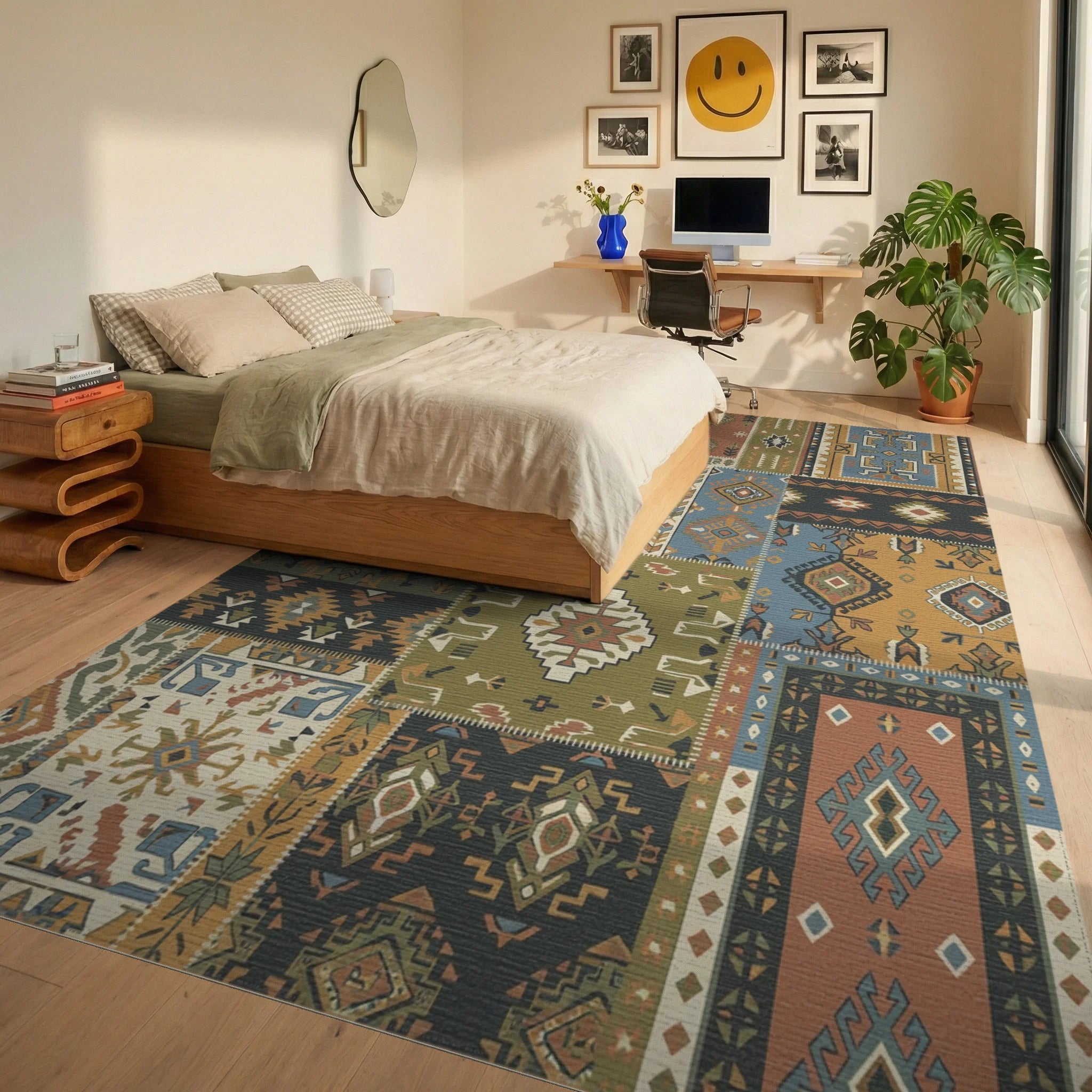 Patchwork Earth Tones Geometric Medallion Rug Bedroom View