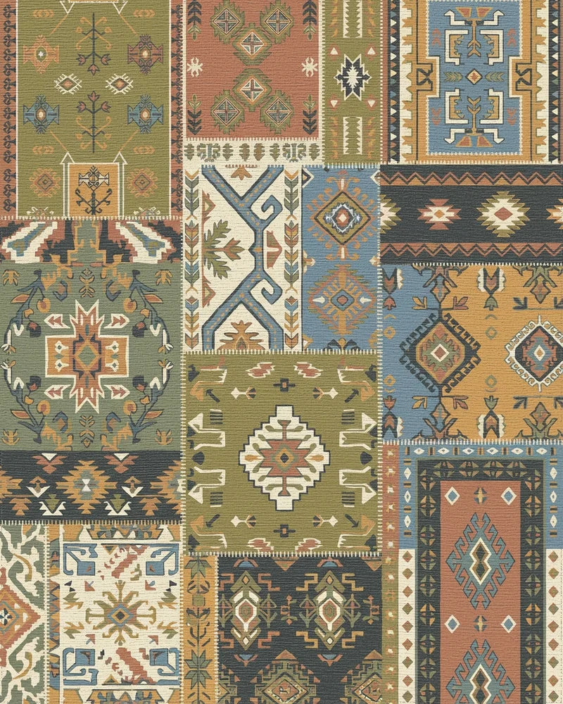 Patchwork Earth Tones Geometric Medallion Rug - Cutout View