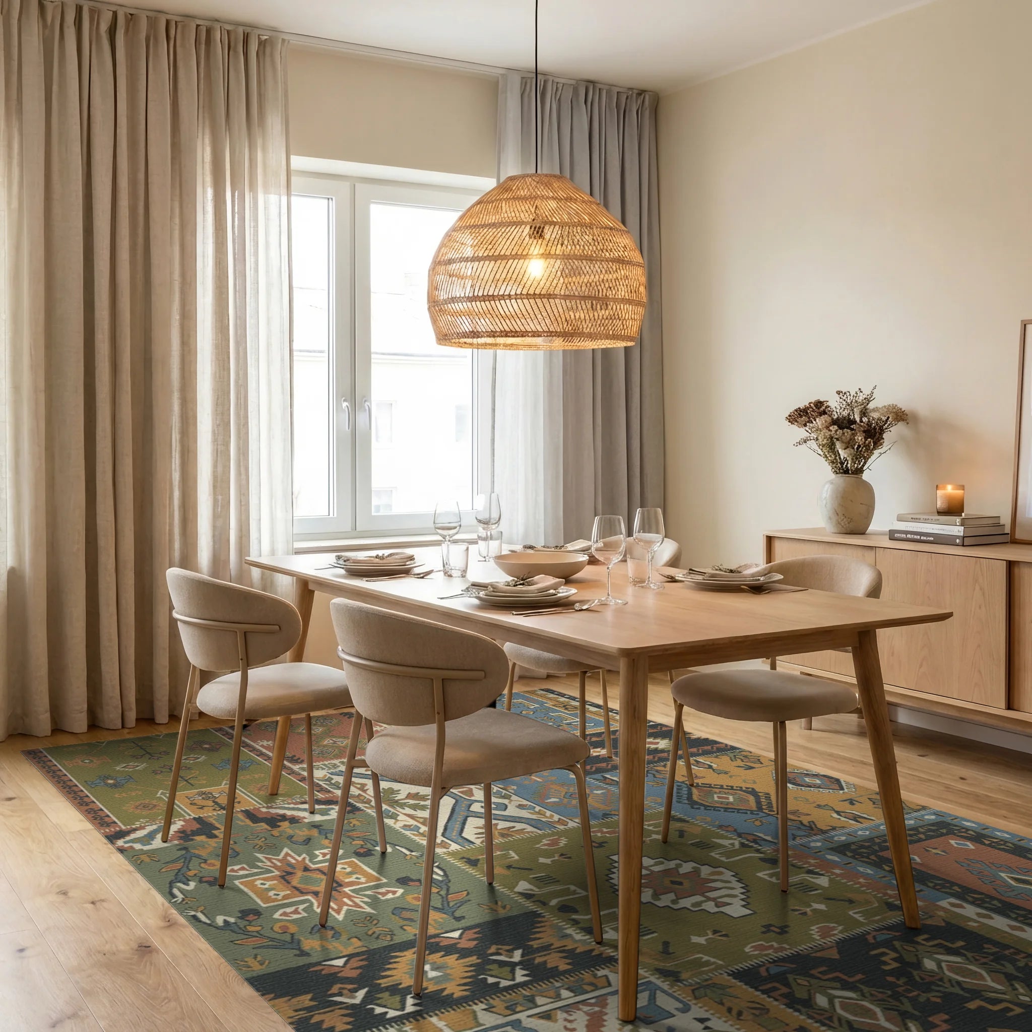 Patchwork Earth Tones Geometric Medallion Rug Dining Room View