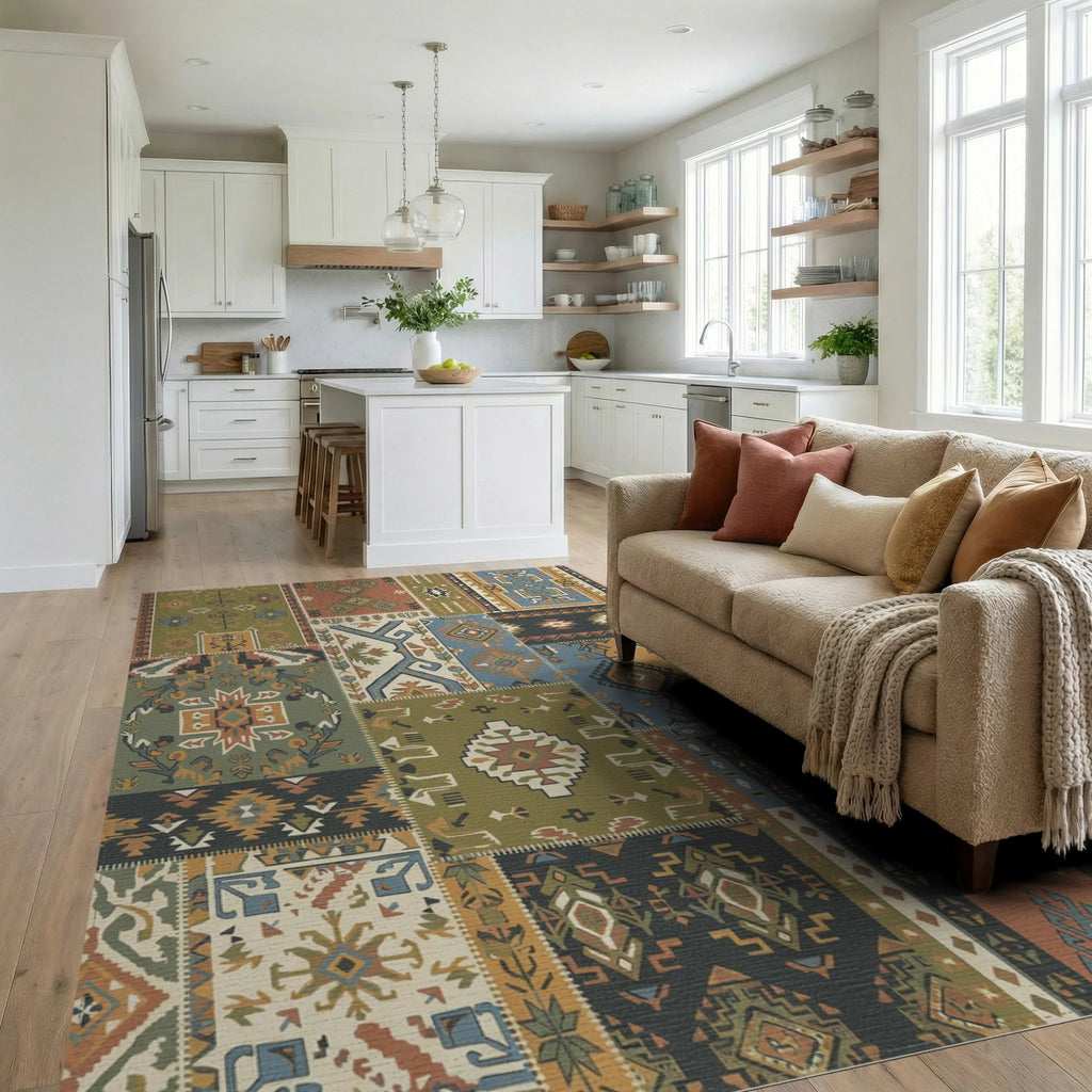 Patchwork Earth Tones Geometric Medallion Rug Living Room View