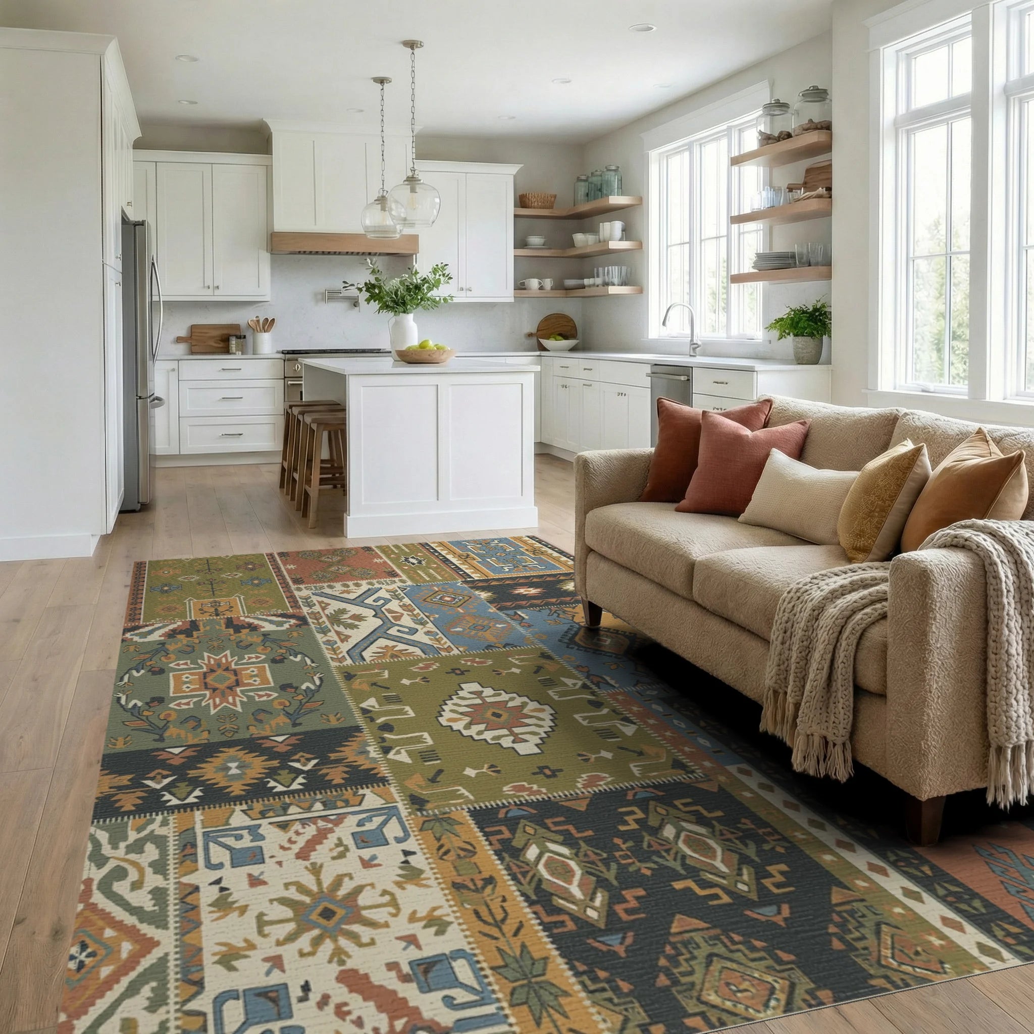 Patchwork Earth Tones Geometric Medallion Rug Living Room View