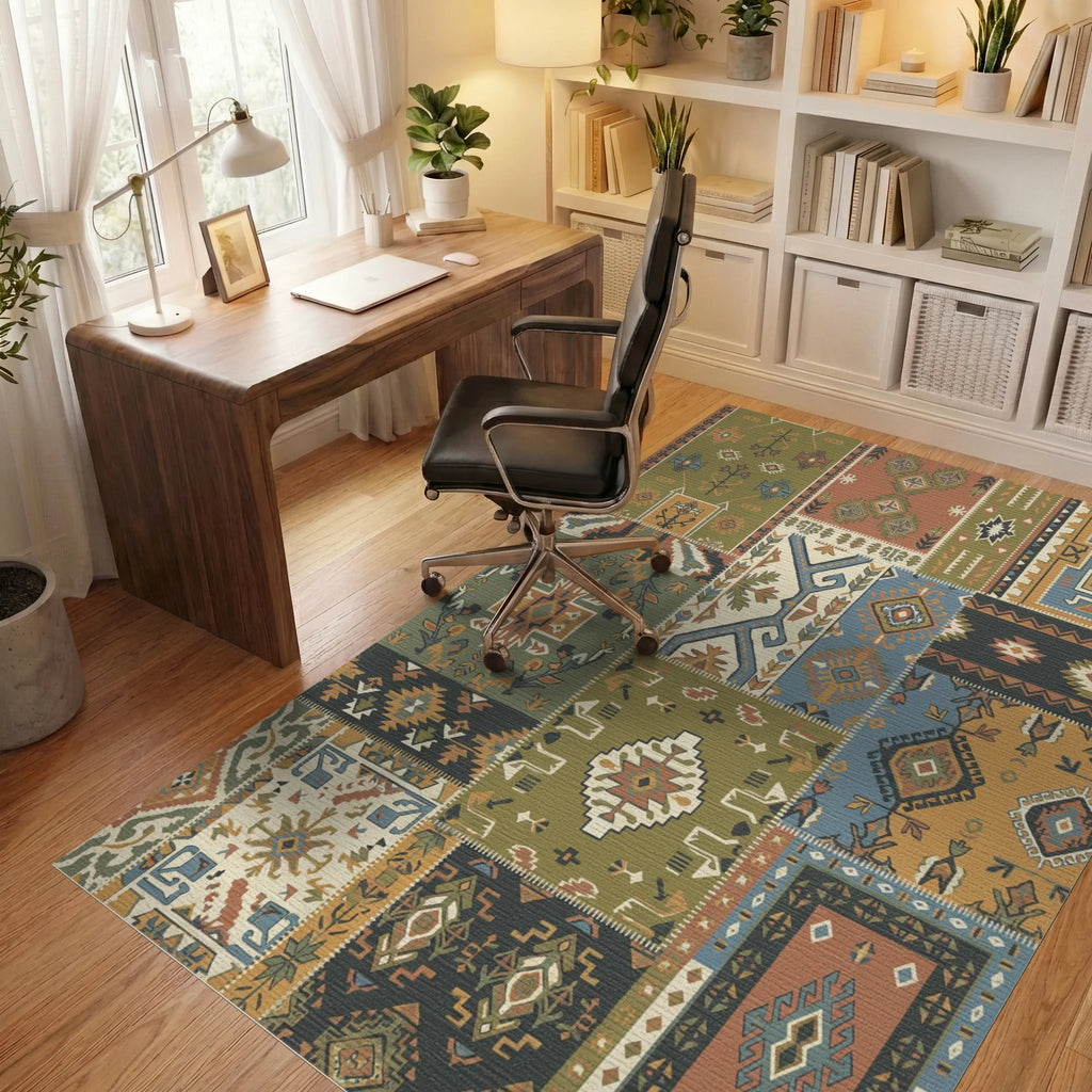 Patchwork Earth Tones Geometric Medallion Rug Office View