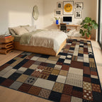 Patchwork Earth Tones Geometric Squares Rug - Bedroom View