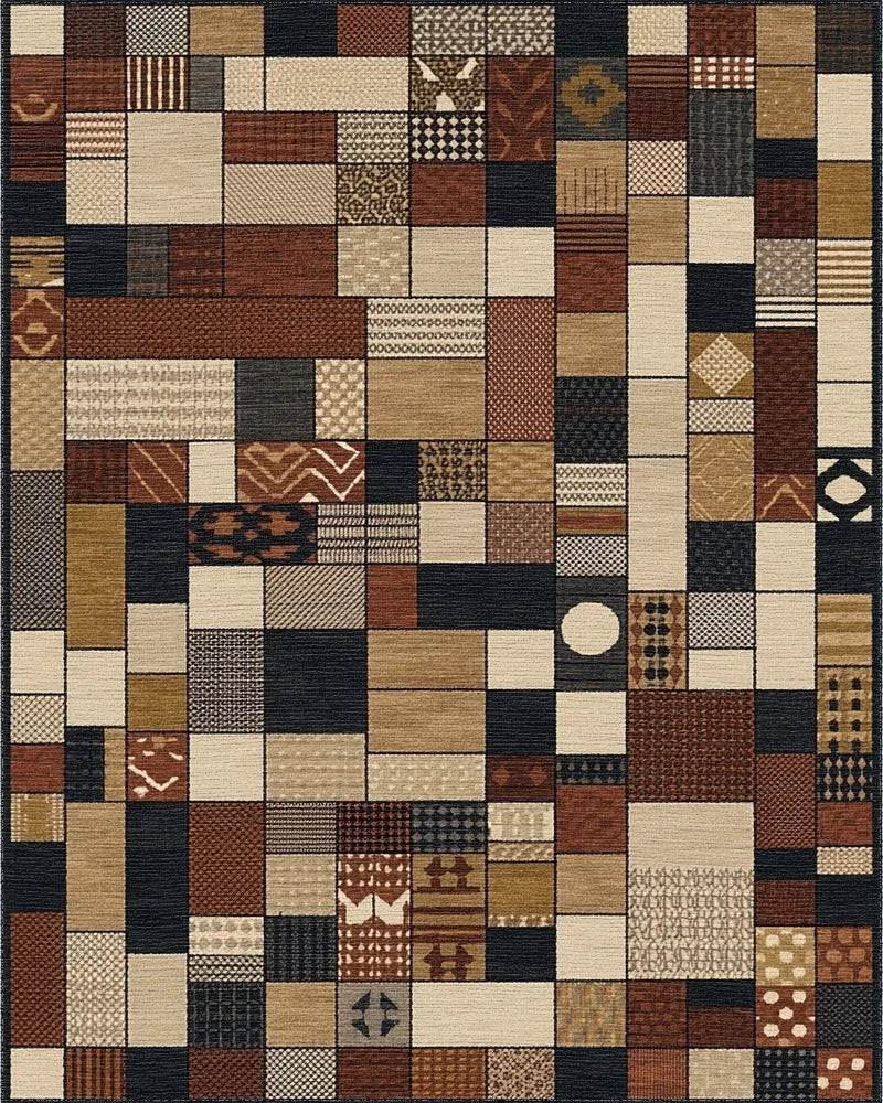 Patchwork Earth Tones Geometric Squares Rug - Cutout View