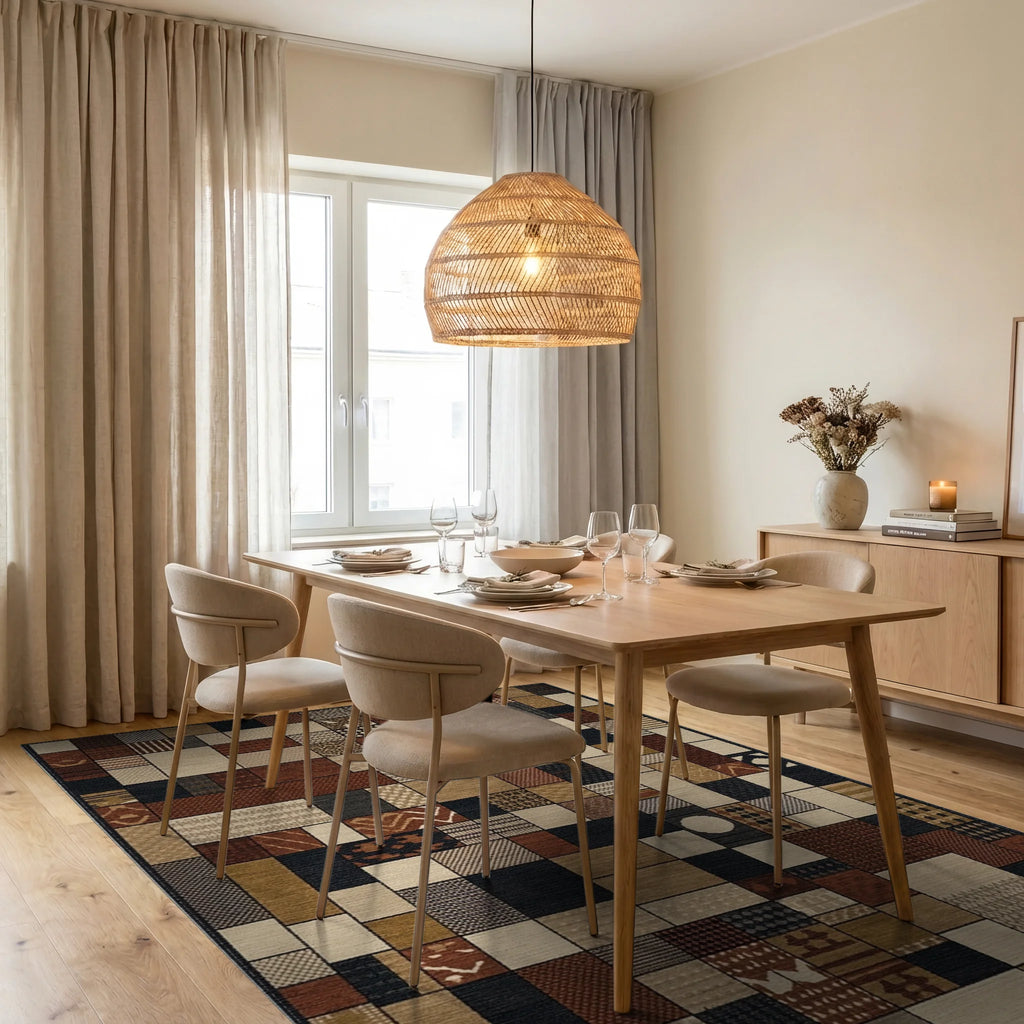 Patchwork Earth Tones Geometric Squares Rug - Dining Room View