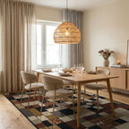 Patchwork Earth Tones Geometric Squares Rug - Dining Room View