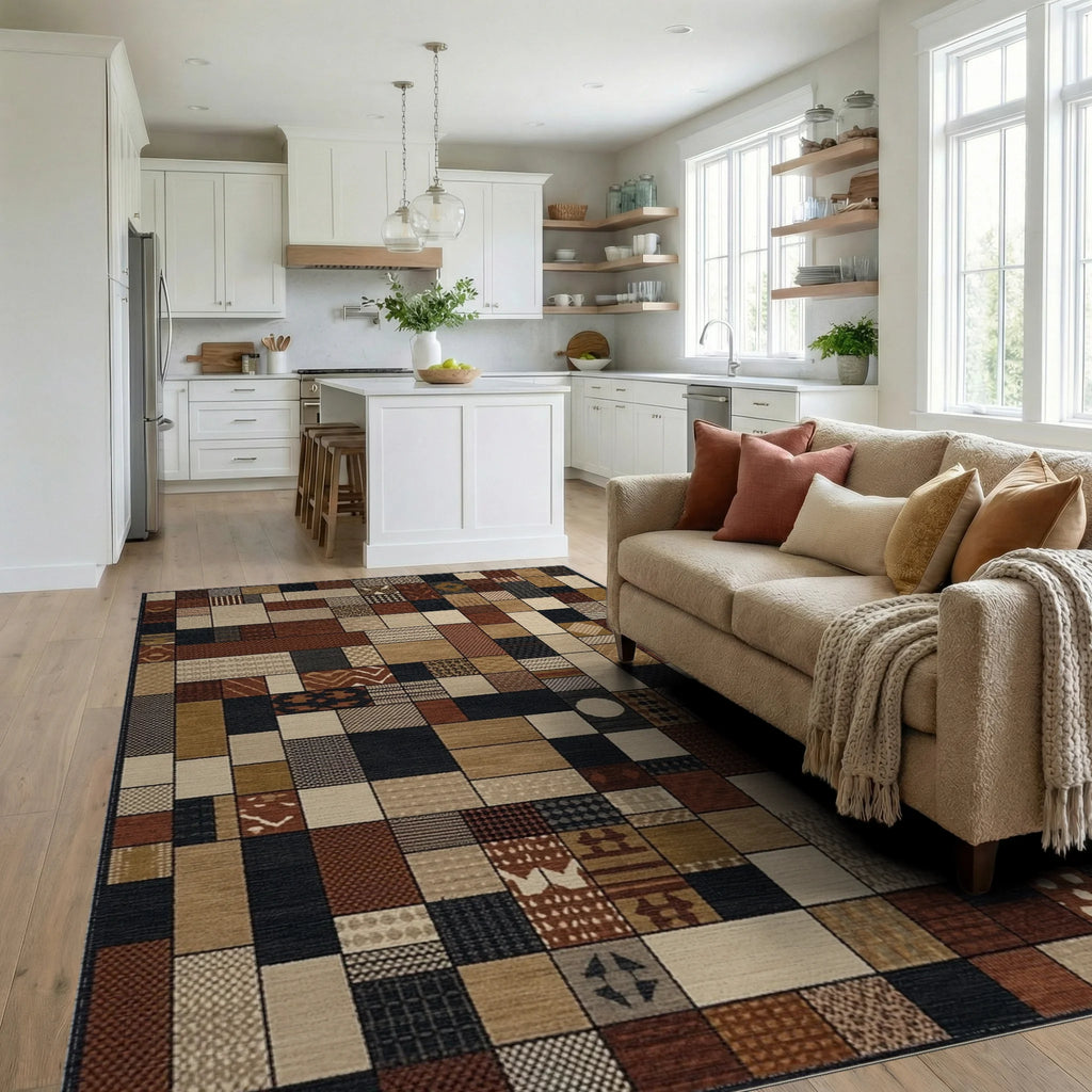 Patchwork Earth Tones Geometric Squares Rug - Living Room View