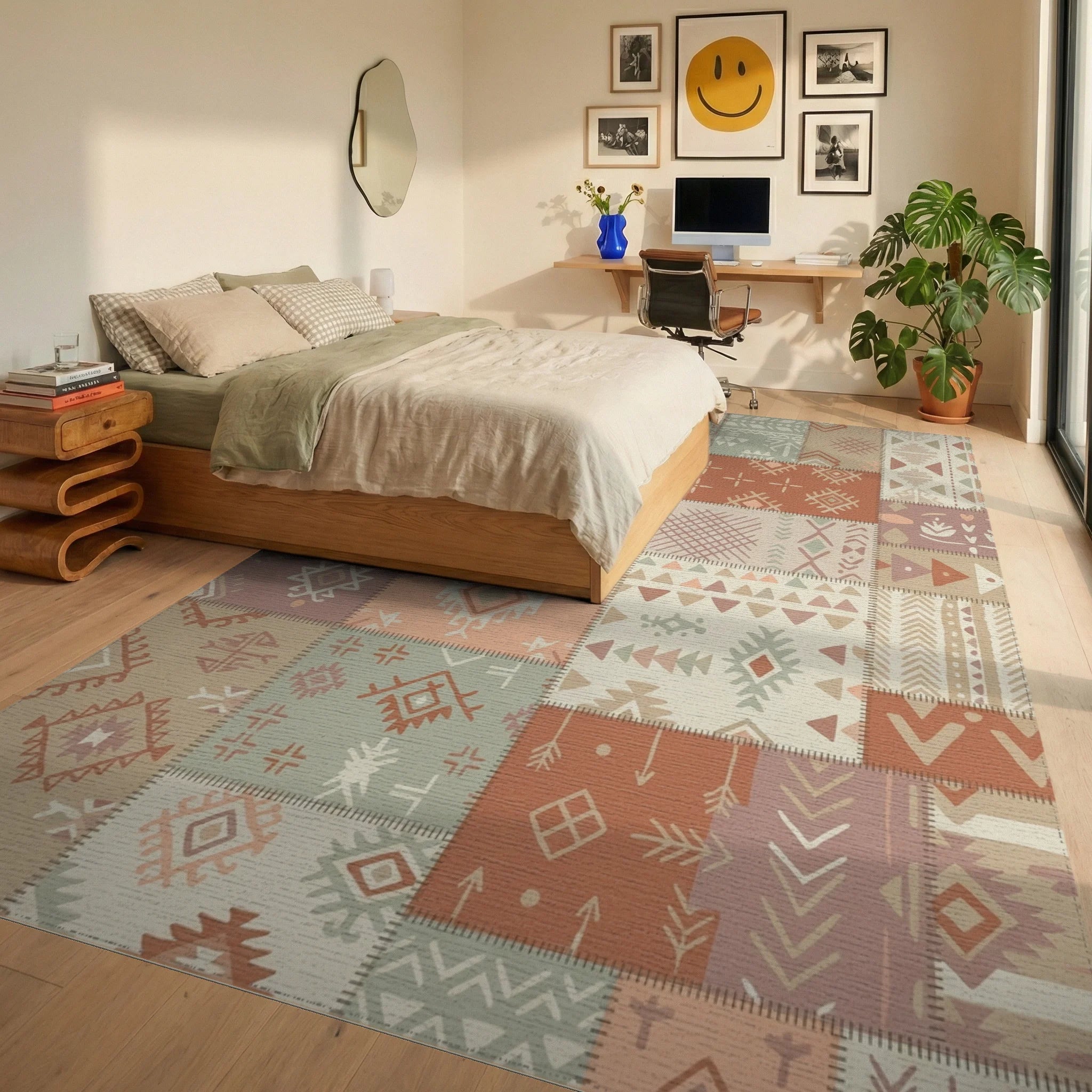 Patchwork Earthy Tone Tribal Medallion Rugs Rug Bedroom View